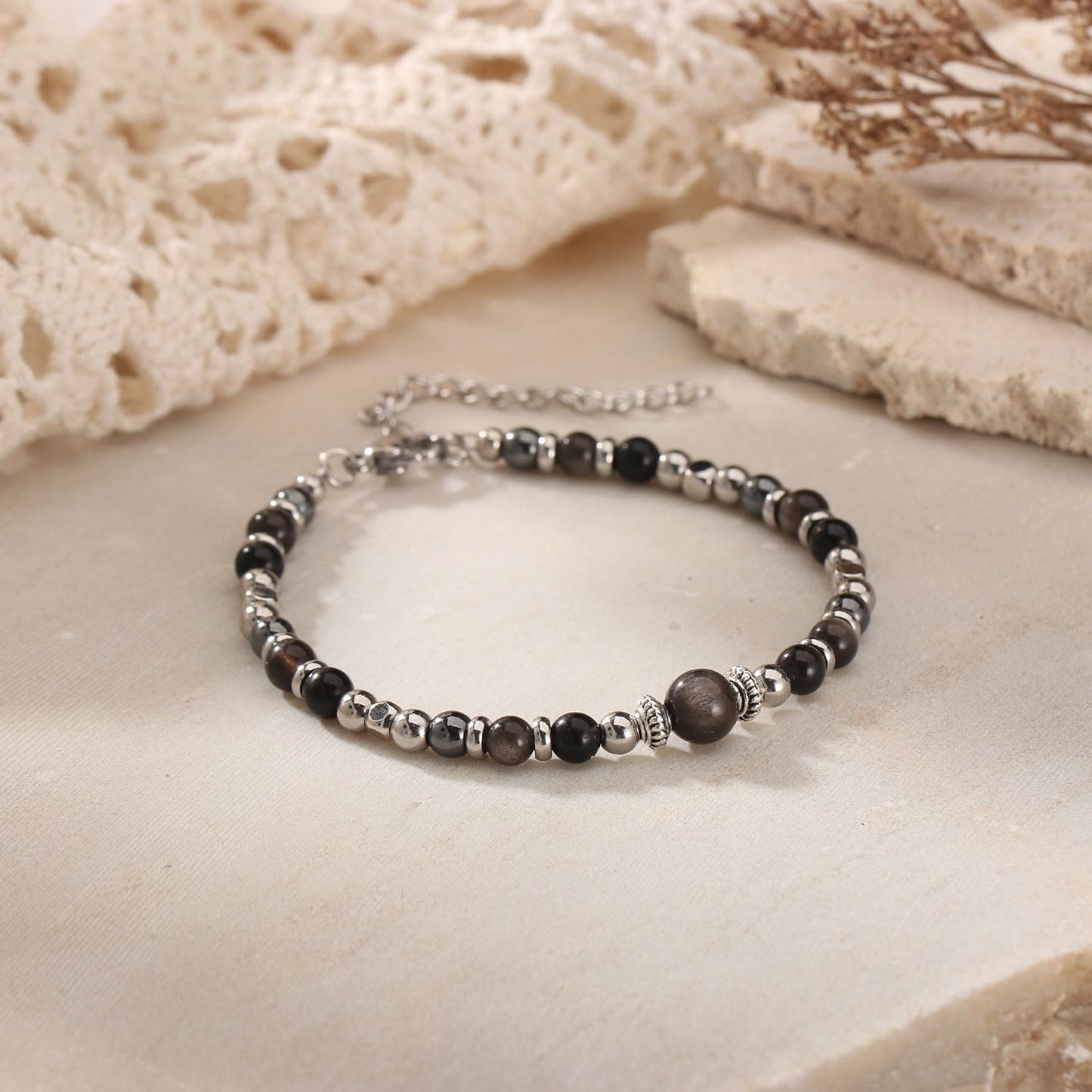 Triple Protection Bracelet for Women, Hematite Black Tourmaline Obsidian Bracelets Natural Healing Stone Empath Protection Bracelets for Women, Energy Healing Crystals Luck Wish Bracelet -(TP)