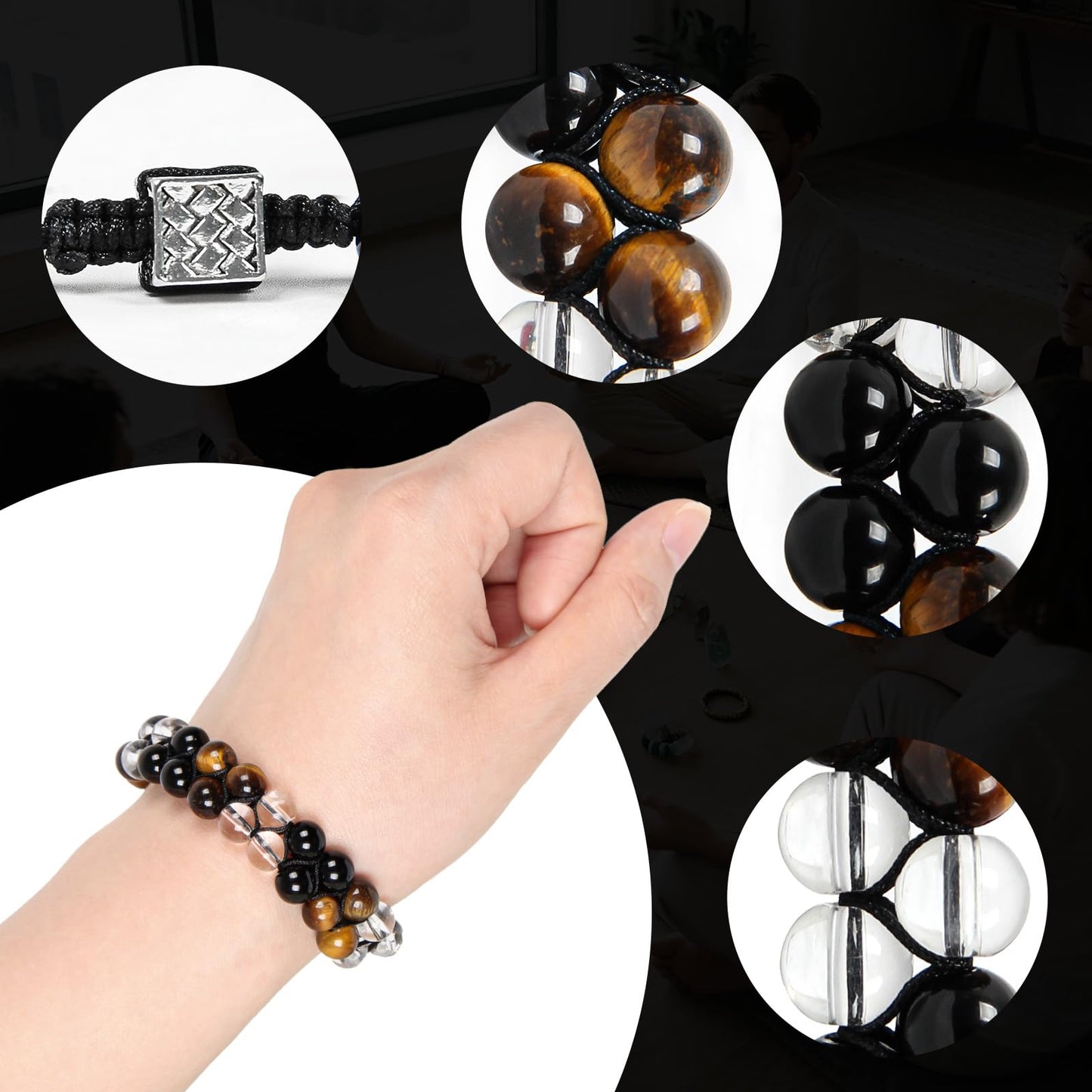 Orientrea Triple Protection Bracelet- Yellow Tiger's Eye, Black Obsidian & Clear Quartz, 8mm Handmade Healing Crystal Bead Bracelets for Luck, Prosperity, Protection & Balance, Gift for Men & Women