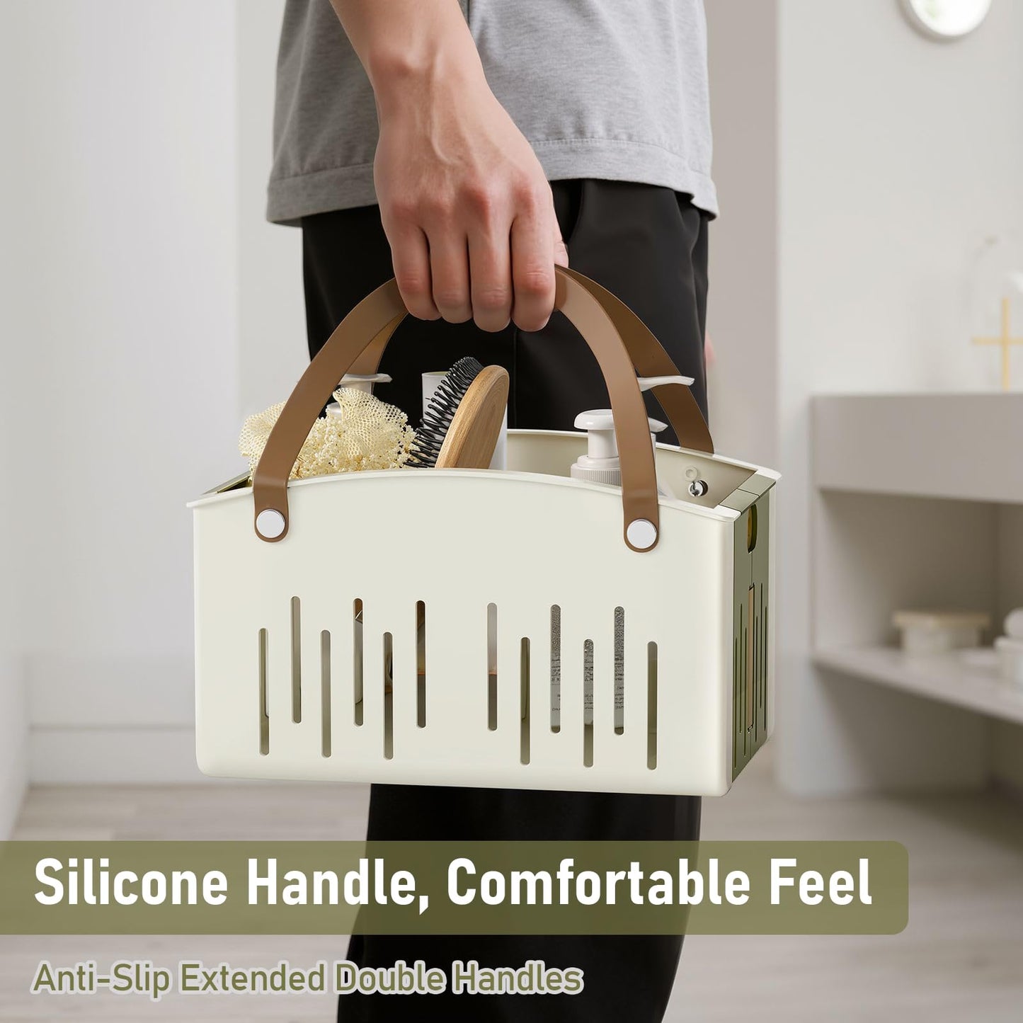 Delamu Portable Shower Basket Caddy with Double Handle Foldable Dry Wet Separation Design 11.0 × 7.1 × 6.5in, Travel, Camping, Gym, College Bathroom Tote, WhiteGreen, Ideal Christmas Gifts for Girls