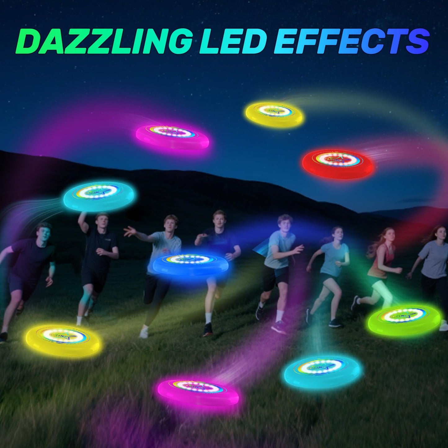 Dilabnba LED Flying Disc Toy for Lawn Game Beach Sand Backyard Outdoor Playing, Glow in The Dark Flying Ring Toass and Catch Camping Toy for Kids Adults Teen, Rechargeable, 175g