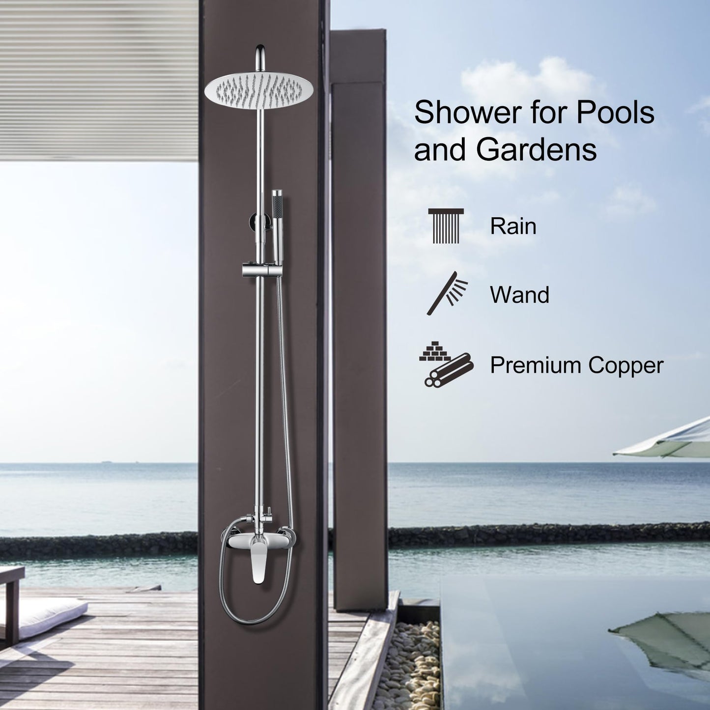 AmazonBasics Outdoor Shower Fixtures - Total Complete Shower Kit, Chrome Finish with SS304 Handheld High Pressure Shower Head, 2-Functions