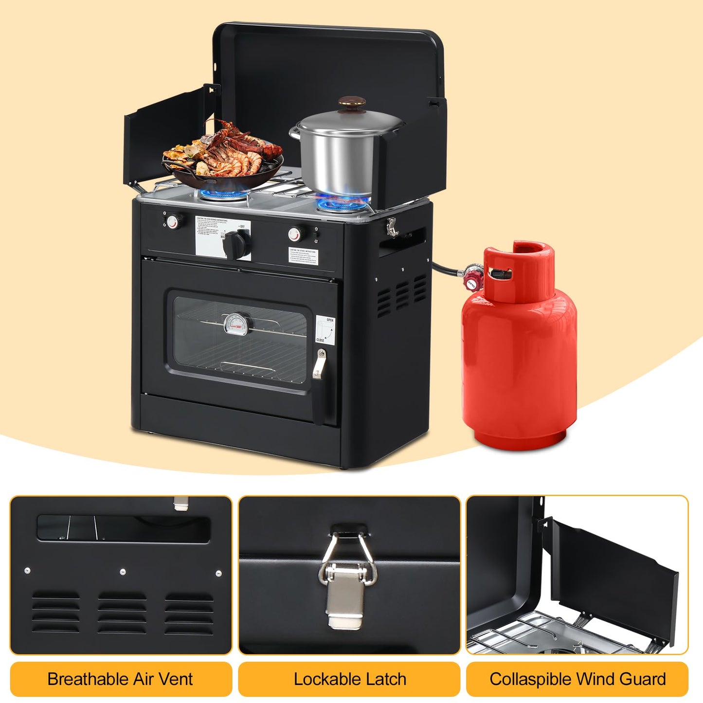 Bonnlo 2-in-1 Camping Oven & Portable Gas Stove Combo with 3-side Windscreen, Powerful 19,800 BTU Propane Oven with One-click Ignition, Heat-resistant Coating & Thermometer for Outdoor Use, Black