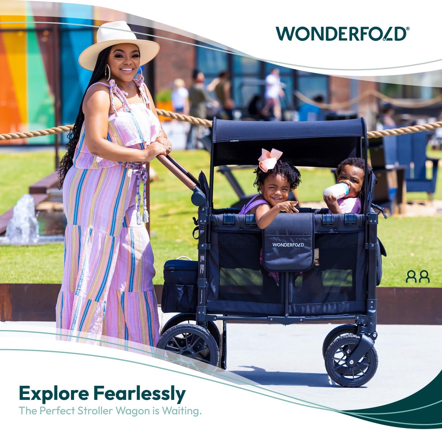 WonderFold W2 Luxe Stroller Wagon - Collapsible Stroller Wagon with Steel Frame - Adjustable Canopy & Push Handle - XL All-Terrain Wheels - for Babies, Toddlers & Kids - 2 Seater - Gray