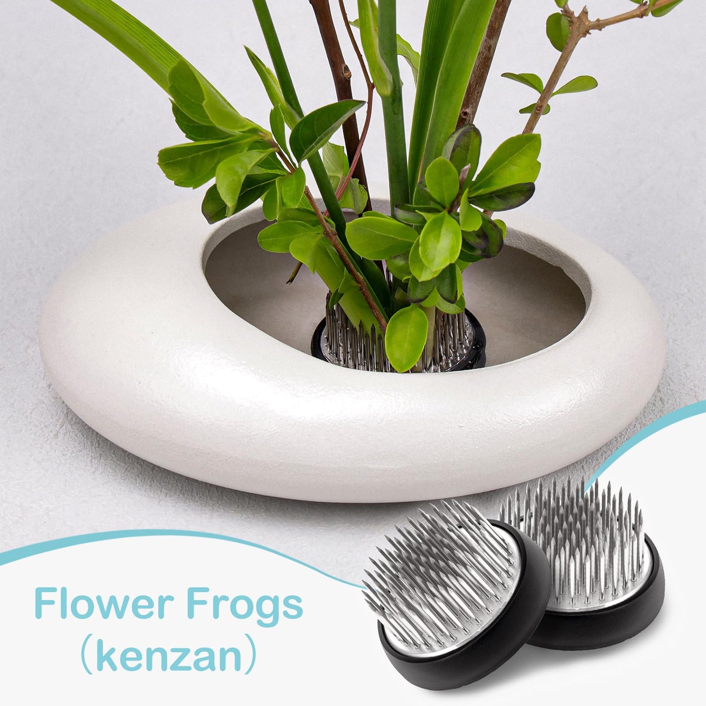 Folmywy Ikebana Flower Frog Vase Kit Japanese Flower Arrangement with 1.57 Inch Kenzan Ceramic White Pebble Shaped Bowl for Ikebana Teaching Aids Art Supplies Home Decor (5.51x4.13in)