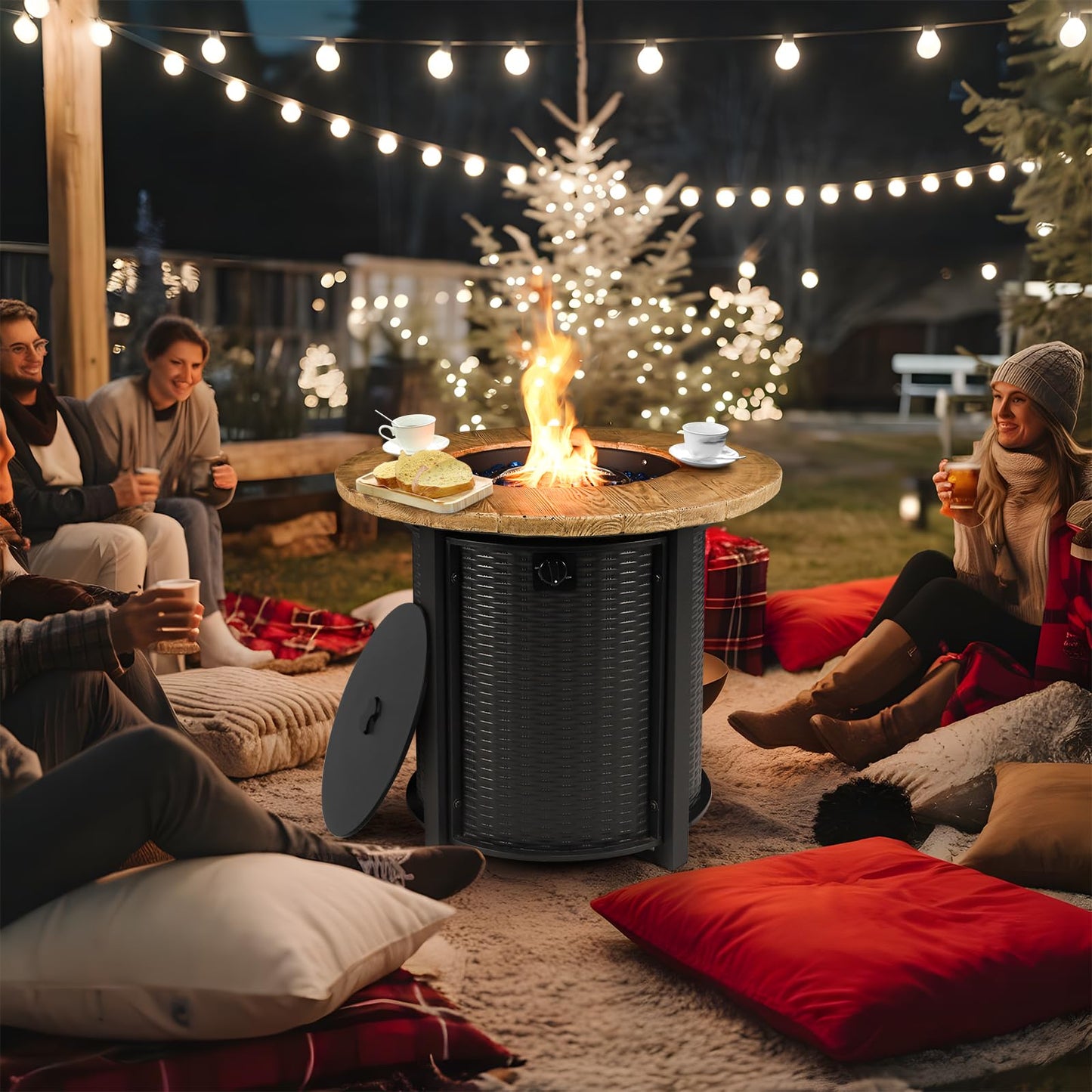 lovamsal 30 Inch Round Propane Fire Pit,50,000 BTU Iron Gas Firepit with Ignition Systems,w/Lid,Glass Stones,Outdoor Fire Table for Outside Patio,Deck-Black