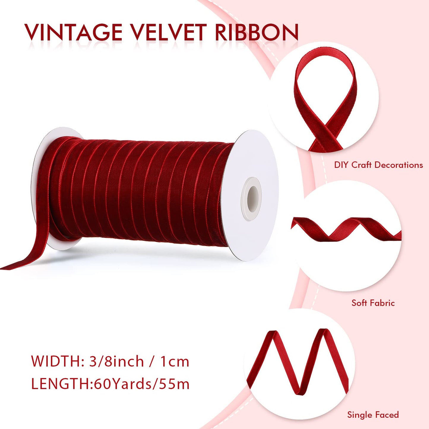 Chuangdi 3/8 Inch, 60 Yard Christmas Burgundy Velvet Ribbon Wide Vintage Velvet Ribbons for Christmas Tree Ornaments Flower Bouquets Baby Shower Wedding Wreath Bow Making DIY Craft Choker