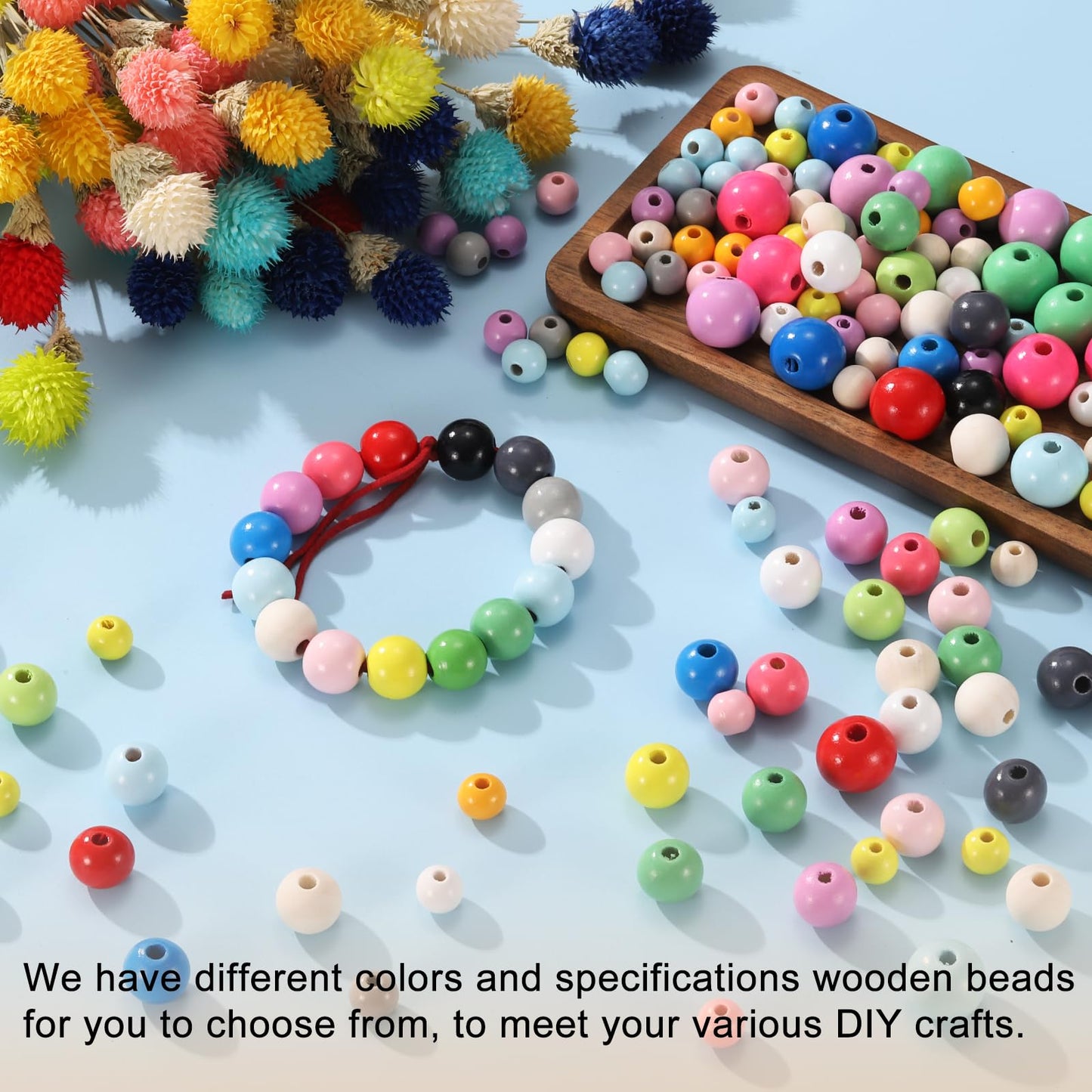 HARFINGTON 300pcs 12mm Light Blue Wood Beads 3.3mm Large Hole Round Wooden Loose Spacer Beads for Jewelry Making Necklace Bracelets DIY Crafts Macrame Handmade Decorations