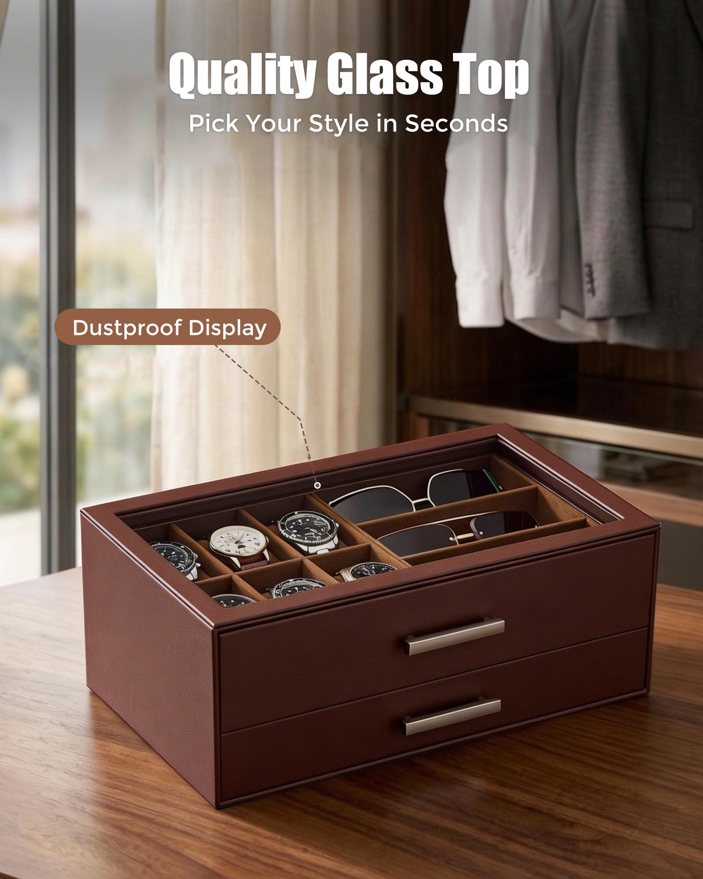 ProCase Mens Jewelry Box, 6 Slot Watch Case with Drawer & Glass Display Top, 2-layer Watch Holder Storage for Watches, Sunglasses, Rings, Bracelets, Jewelry Organizer, Gift for Men -Espresso