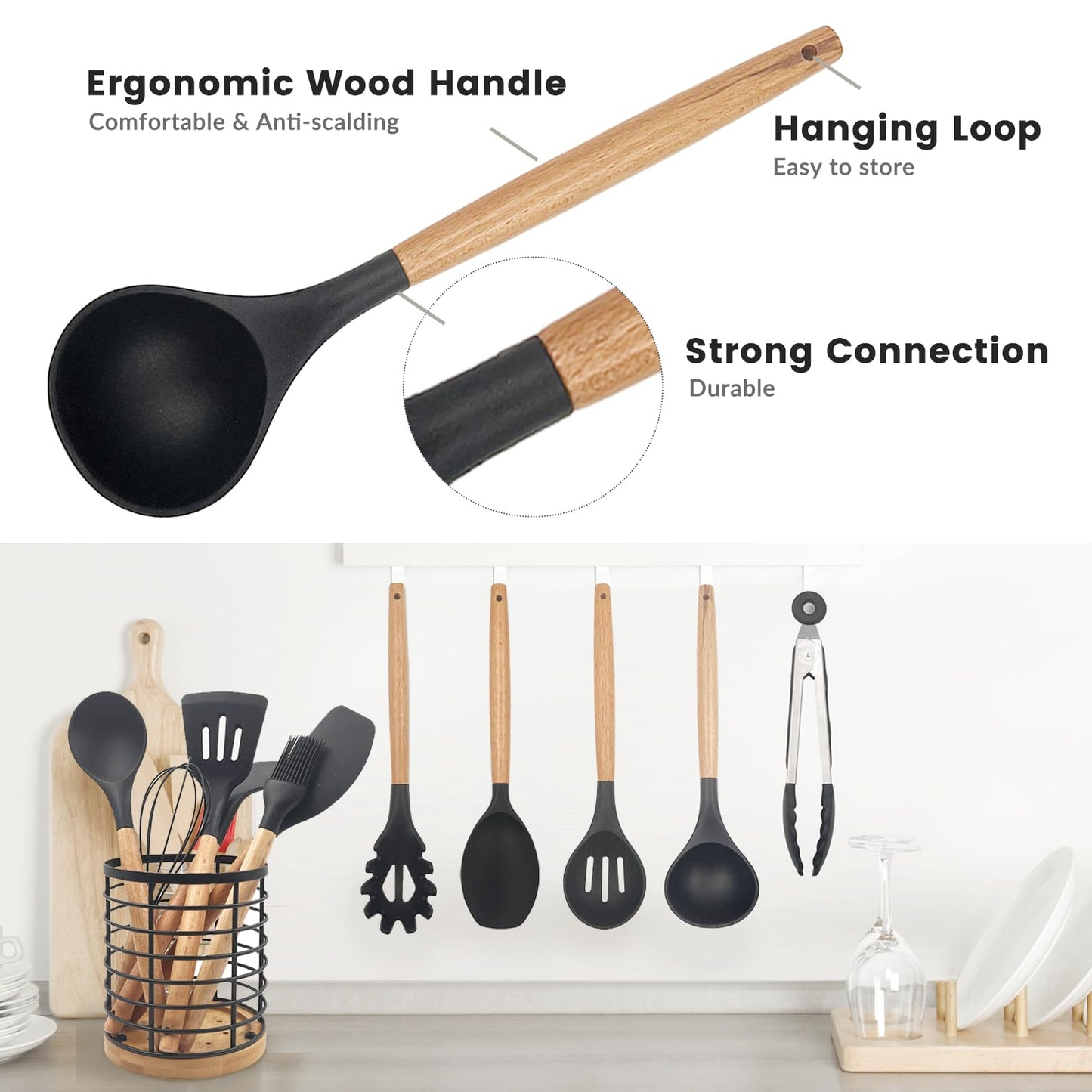Daily Treasures 12PCS Kitchen Utensils Set,Cooking Utensils Set with Storage Holder,Kitchen Tools Made of Heat Resistant Food Grade Silicone and Wooden Handles for Nonstick Cookware