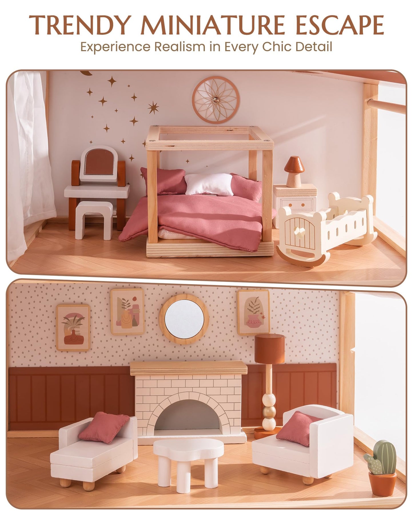 ROBUD Doll House - Wooden Bohemian Dollhouse with Realistic Design, Includes 37 Pieces of Furniture & Accessories for Kids Ages 3+