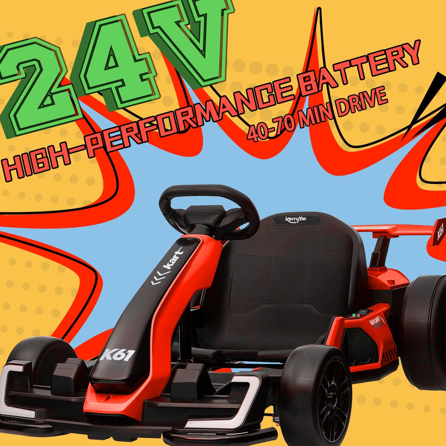 KerryYoo K61 Go Kart Electric Drift Kart with Length Adjustable Seat, 24V Outdoor Ride on Toy with 4 Speed Mode, Crazy Kart for Kids 6-12 Years Old, Fast 300W Motor, 8.5 MPH, Bluetooth - Red