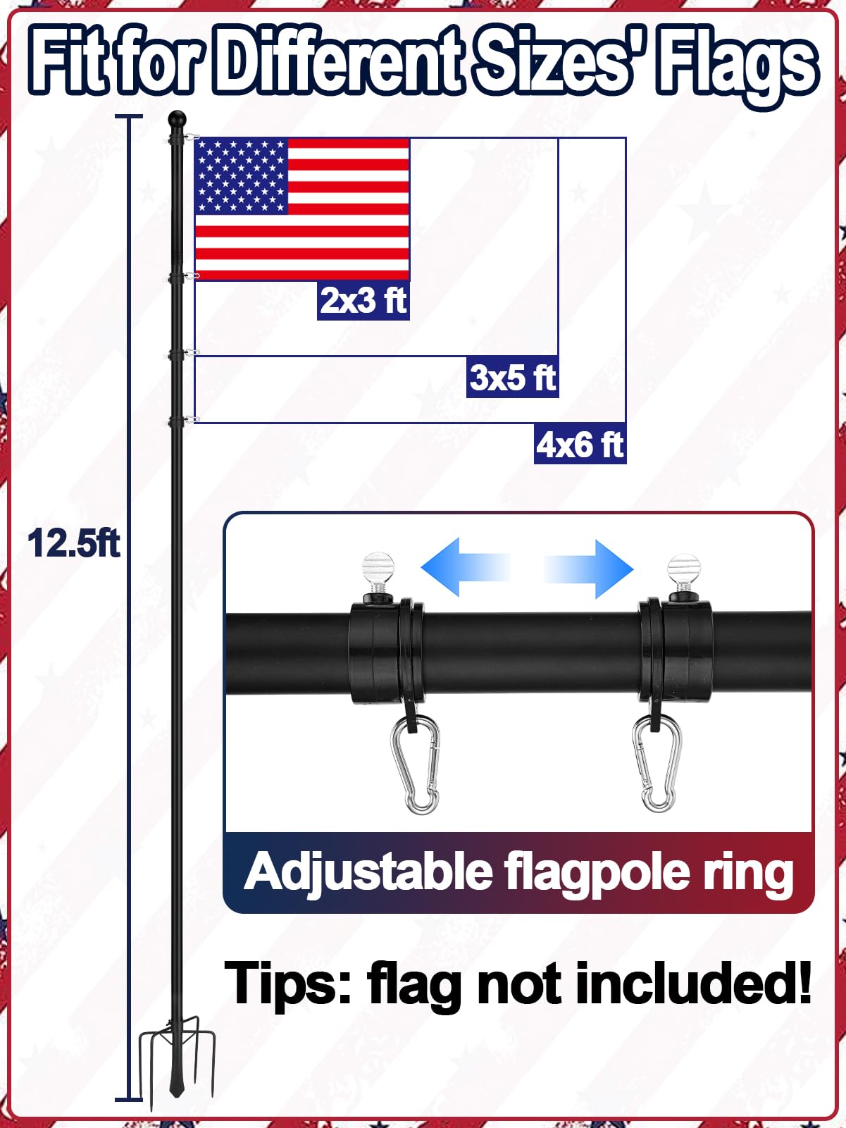 12.5ft In Ground Flag Pole for Outside House - Fit for 2 Flags Extra Thick Flag Pole Kit with 5 Prongs Base, Windproof Ground Flagpoles for Residential Small Medium Lawn Temporary Event