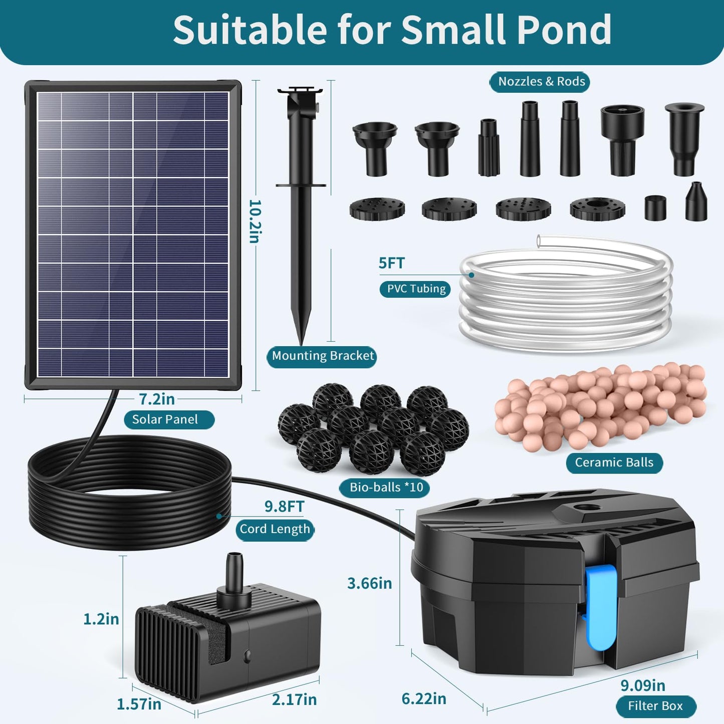 POPOSOAP 8W Solar Pond Filter Built-in 3600mAh Battery Backup, Solar Pond Filter with Water Pump, Solar Water Fountain Pump for Ponds Fish Tank Bird Bath Waterfall Garden DIY Water Feature P3081D