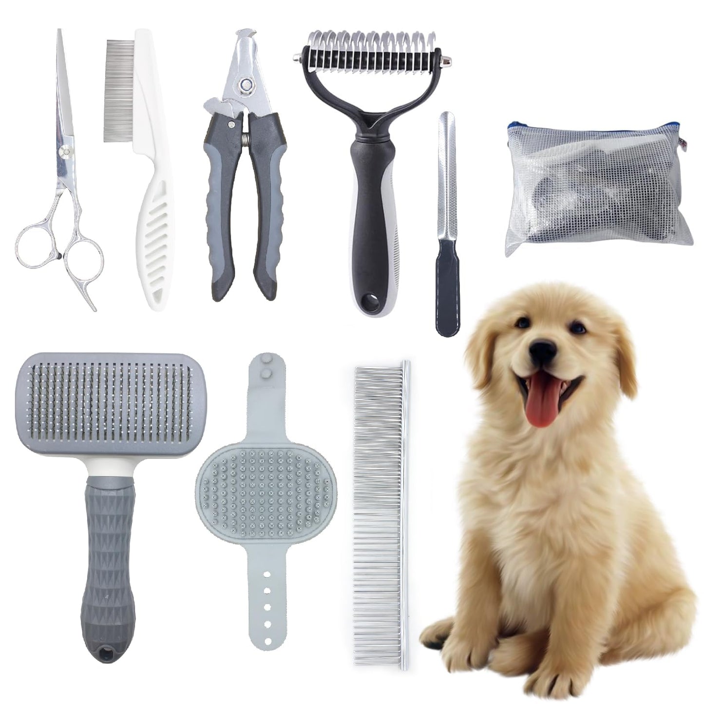 Pet Grooming Tools Kit for Dogs and Cats,8-in-One Home Pet Grooming Set,Includes Safety Scissors Set,Hair Removal Brush, Nail Clipper and File for Small Medium Large Dogs and Cats