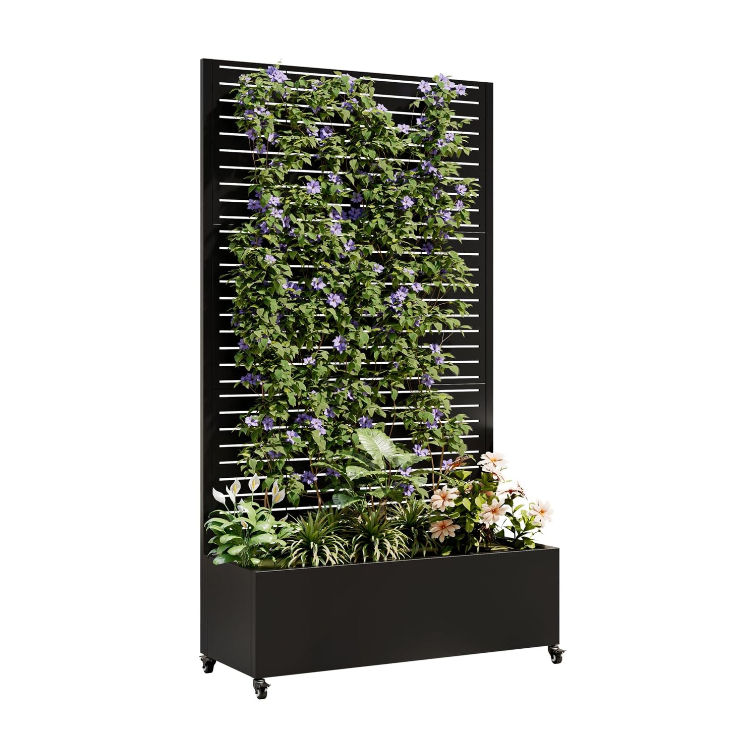 Roockky Metal Planter Box with Trellis, Outdoor Raised Garden Bed with Trellis & Wheels, 73"x35"x16" Planter Box Trellis with Drainage Holes & Privacy Screen for Climbing Plants, Vegetables, Black-3