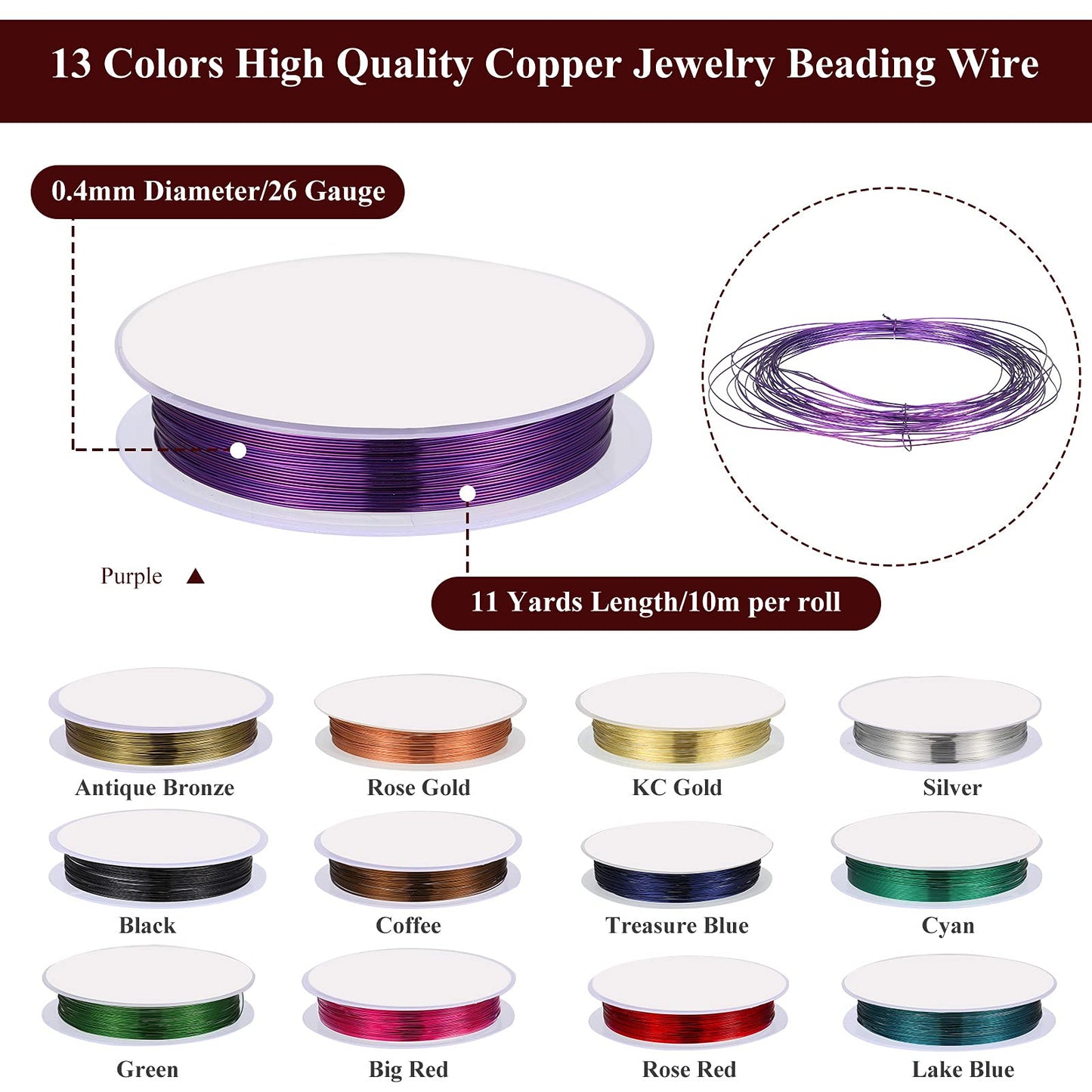 Hotop 13 Rolls Jewelry Making Supplies Colorful Craft 26 Gauge Wire for Jewelry Making Tarnish Resistant Copper Beading Flexible Metal Craft Wire, 142 Yards in Total, 13 Colors