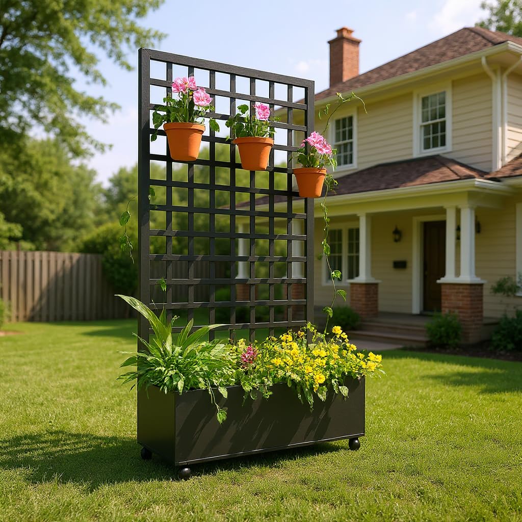 GarveeLife Metal Planter Box, with Square Lattice Trellis Planter Box, for Climbing Plants and Vines, Galvanized Raised Garden Bed On Wheels, Garden Bed with Trellis(72 in x35 in Black)