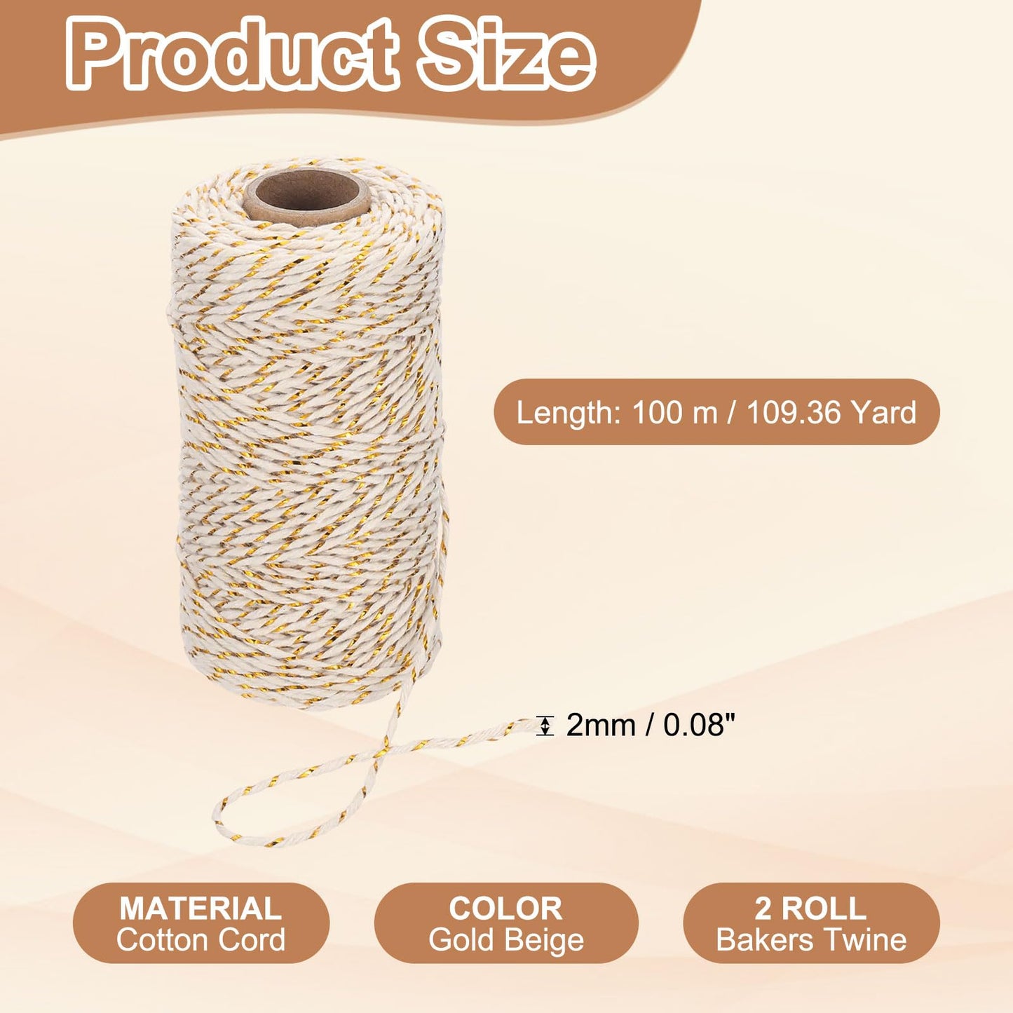 PATIKIL 2mm x 109 Yard Cotton Butcher Twine, 2 Roll Cotton Bakers Twine String Rope Cord for Gift Wrapping Arts Crafts Party Decorations Gardening, Golden Beige