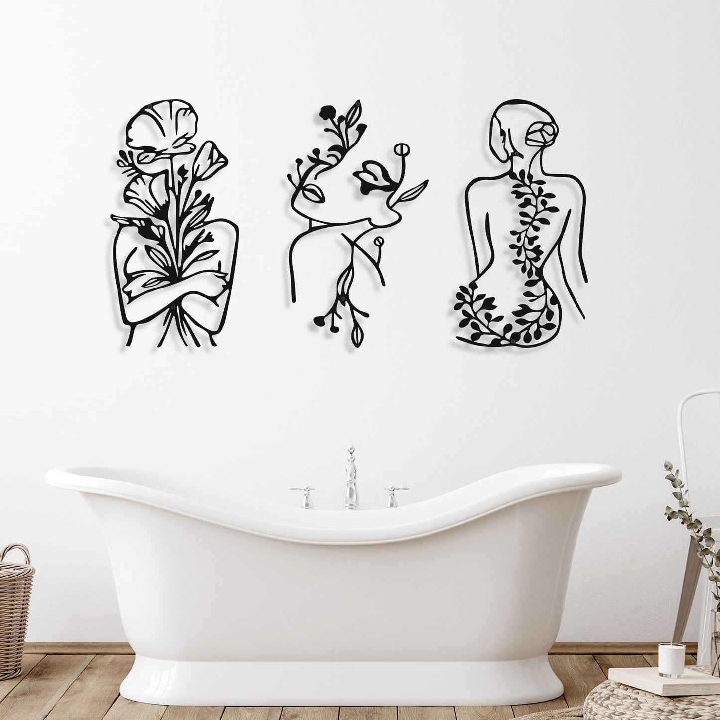 Photect 3 Pcs Metal Wall Art Decor Minimalist Abstract Woman Wall Art Metal Modern Line Drawing Decor Female Single Line Home Hanging for Bedroom Bathroom Living Room Housewarming(Plant,Black)