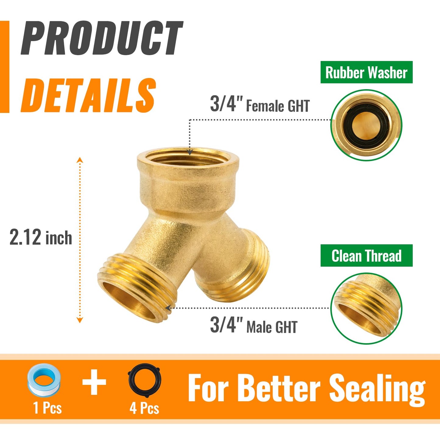 SUNGATOR 3/4 Inch GHT Y Valve, 2 Way Heavy Duty Brass Garden Hose Splitter, 3/4'' GHT Garden Hose Bib Splitters, Brass Y Valves with Extra 8 Rubber Washers, 1 Sealing Tape (4-Pack)