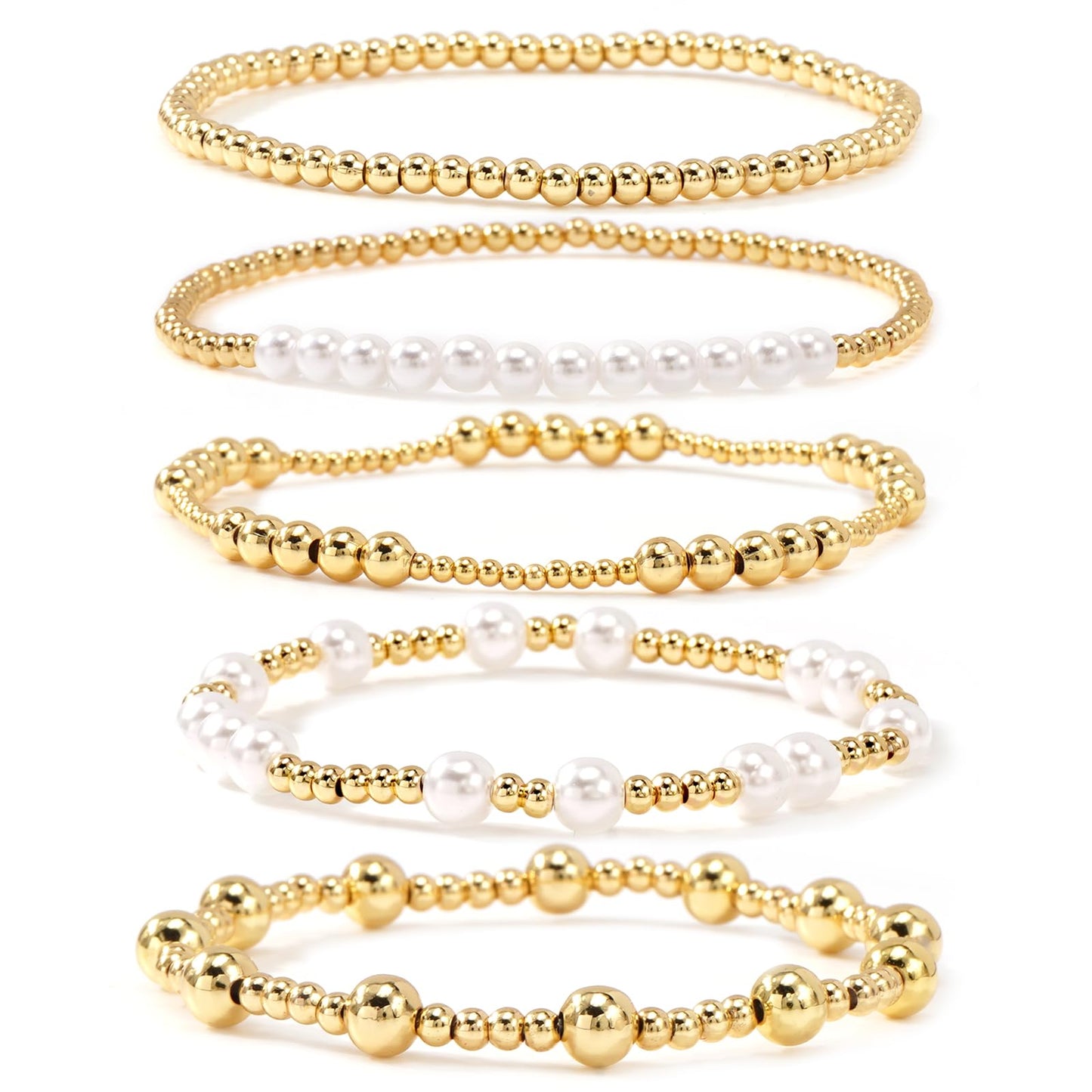 14K Gold Pearl Beaded Bracelet Stack for Women,Dainty Bohemian Stretch Gold Plated Ball Beads Non Tarnish Stackable Bracelets Fashion Holiday Party Jewelry Gift Friendship