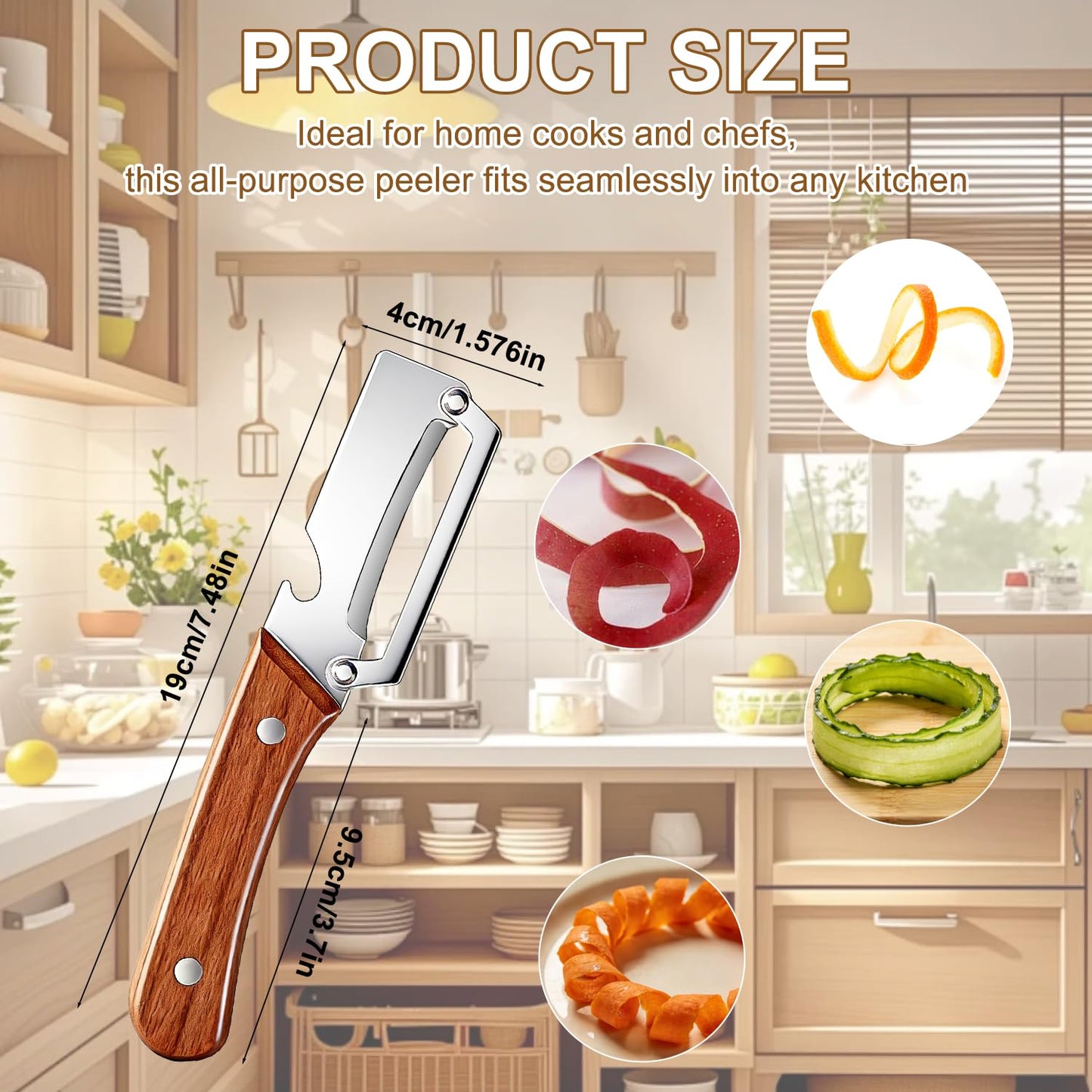 2pcs Premium Vegetable Peeler with Wooden Handle and Bottle Opener, Stainless Steel Blade Peelers for Kitchen Tool for Fruit Apple Potato Pumpkin Papaya