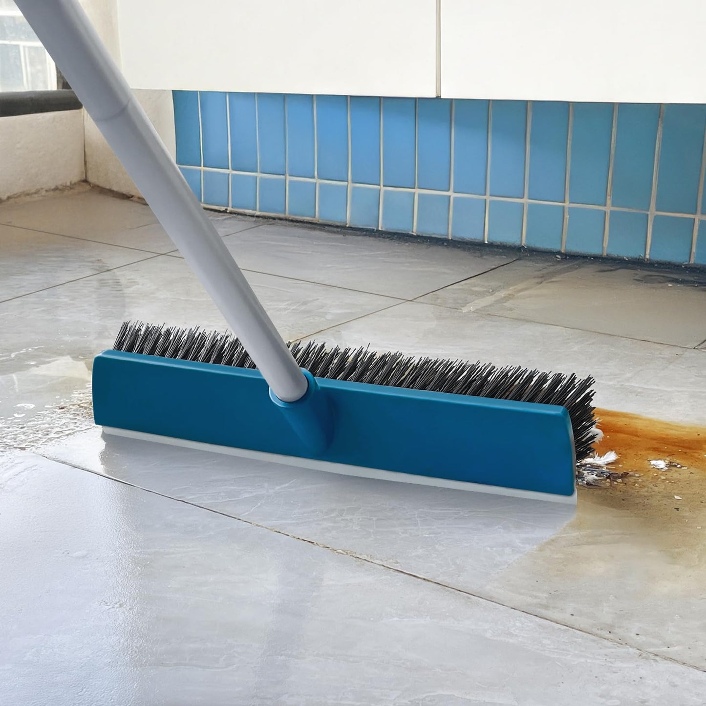 16-Inch Push Broom Outdoor with Rubber Squeegee and 58" Long Handle, 2 in 1 Commercial Broom Brush with Stiff Bristles for Deck Patio Garage Warehouse Driveway Concrete Floor Cleaning Scrubbing
