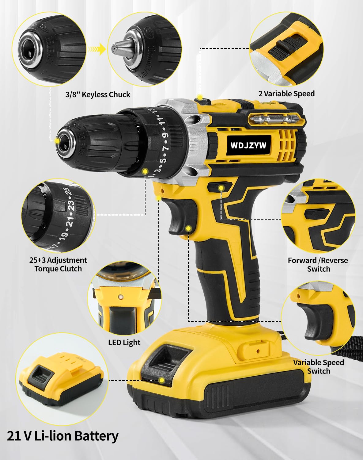 WDJZYW 21V Brushless Cordless Drill Driver Set,1500RPM Power Drill with 2 Batteries,25+3 Torque Settings,3/8" Keyless Chuck,LED Light,Professional Home & DIY Tool Kit with Case