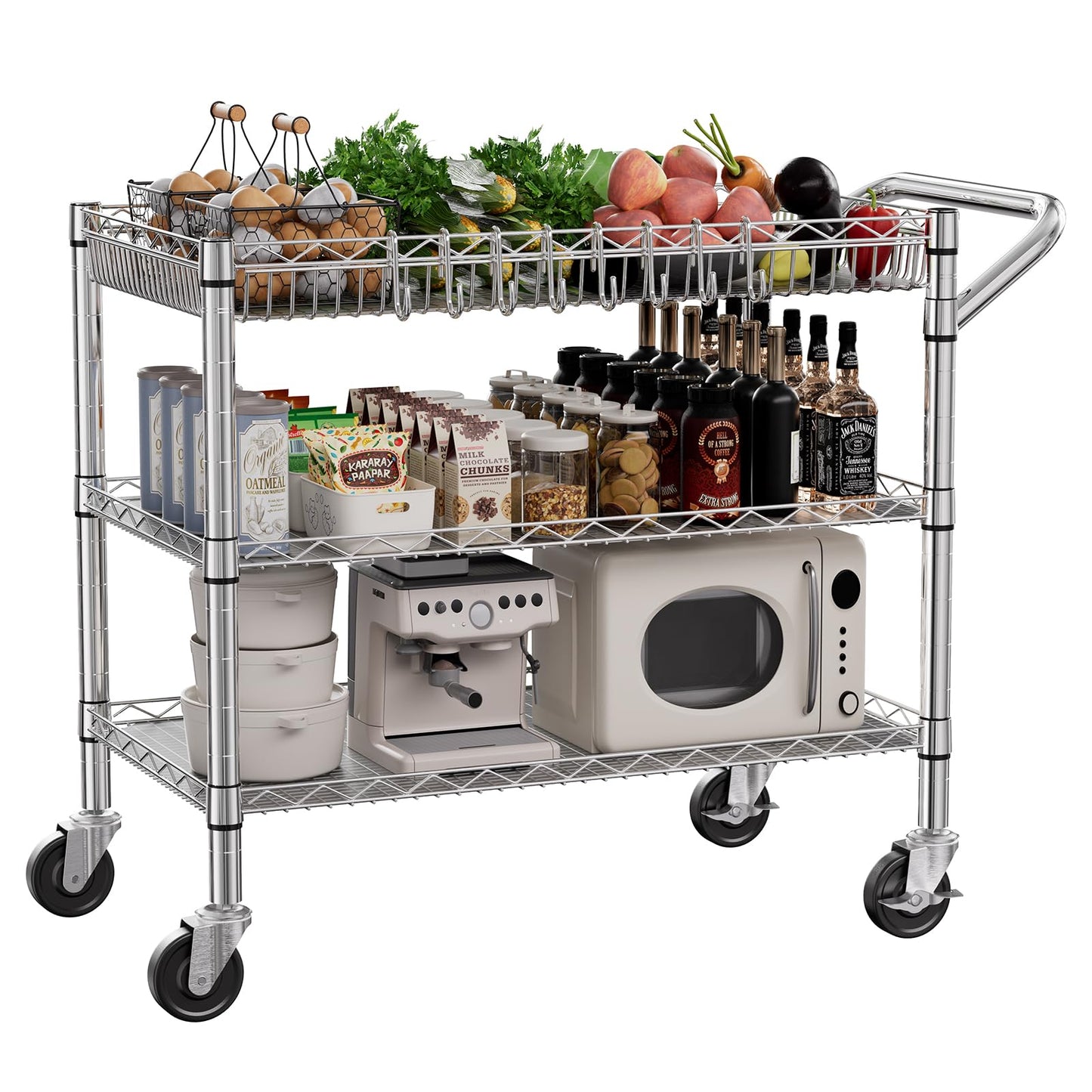 NTE Utility Cart with Wheels, 990lbs Capacity Metal 3 Tier Rolling Carts, NSF Kitchen Carts On Wheels with Storage, Heavy Duty Utility Cart with Handle & Wire Shelf for Indoor & Outdoor Use, Silver