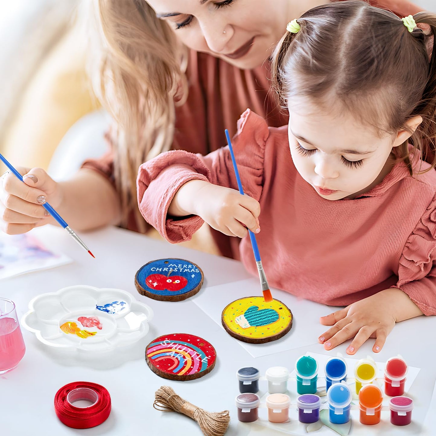 Wood Slices Kit, Shuttle Art 35 PCS Unfinished Natural Wood Slices with Pre-Drilled Hole, Acrylic Paint, Permanent Markers, Jute Twine, DIY Craft for Kids Adults Holiday Decoration Christmas Ornaments