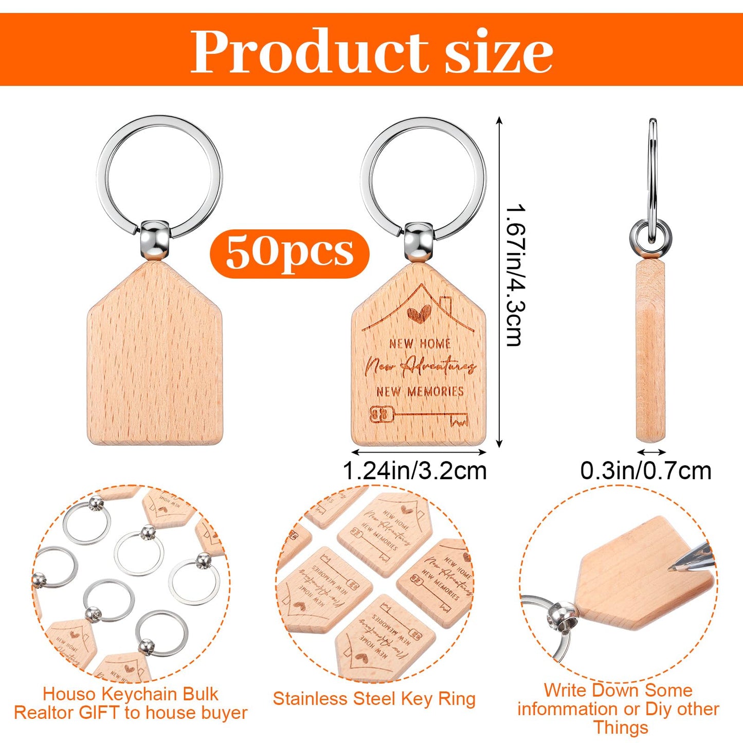 Ckhoid 50PCS New Home Keychain Bulk Welcome Home Keychain Gifts Wooden House Shaped Key Tag Move in Gifts Apartments House Key Chain for Family Client Buyer Customer