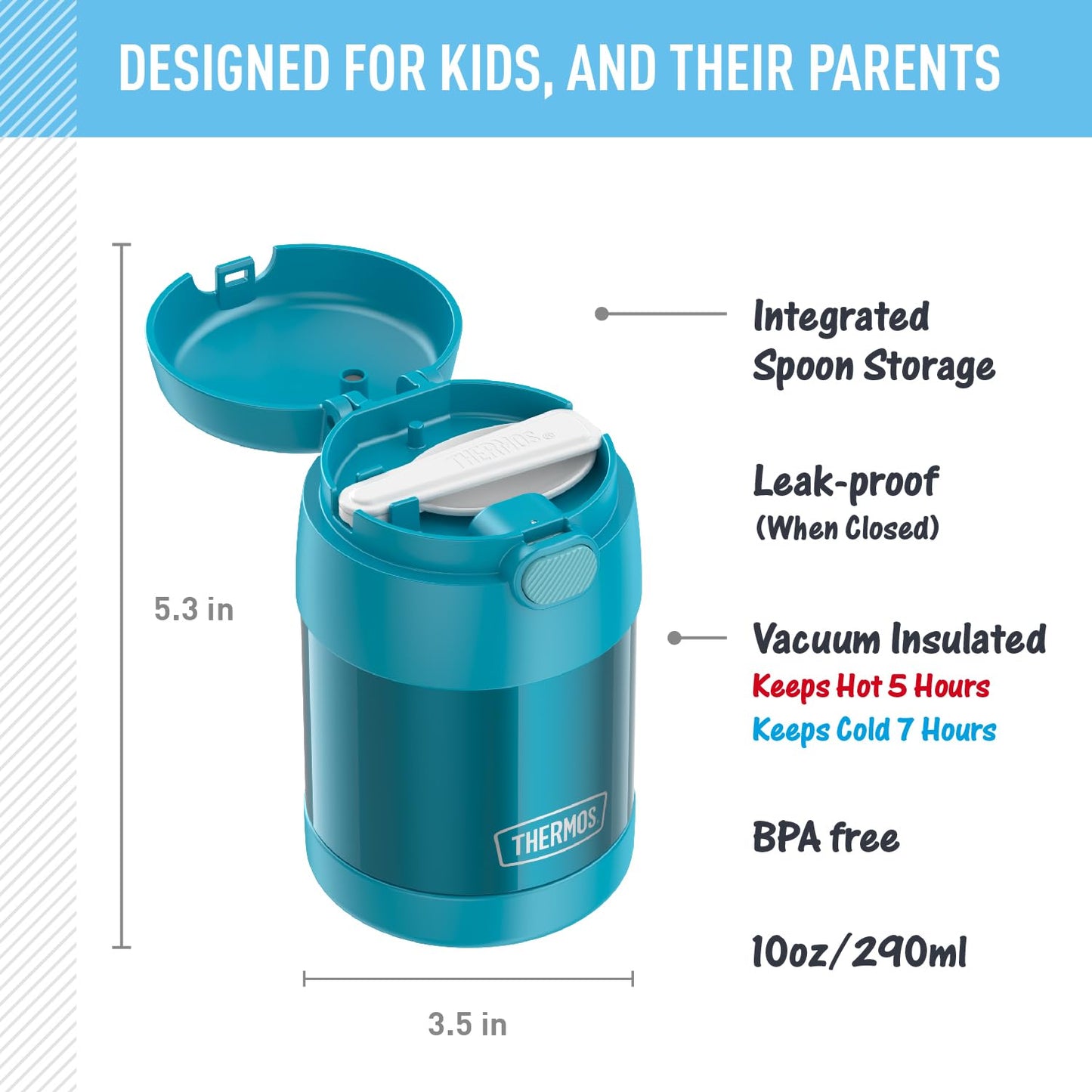 THERMOS FUNTAINER 10 Ounce Stainless Steel Vacuum Insulated Kids Food Jar with Spoon, Teal