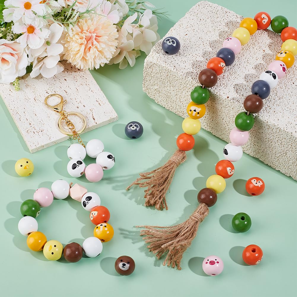 PH PandaHall 80PCS Animal Printed Wood Beads, 8 Style 19mm Wooden Farmhouse Animals Beads with Dog Pig Fox Bear Frog Pattern Round Wood Bead for DIY Jewelry Making Christmas Decorations 5mm Hole