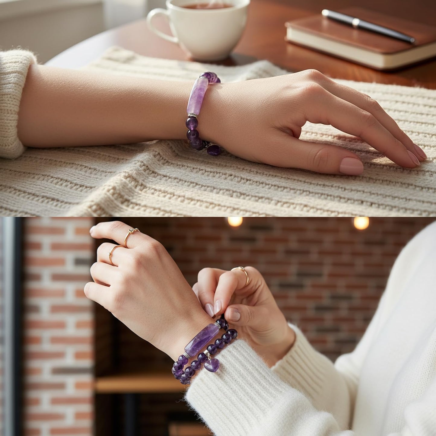 TUMBEELLUWA Healing Stone Bracelet 8mm Beads Chakra Crystal Energy Heart Charm Bracelet Handmade Jewelry for Women, Amethyst