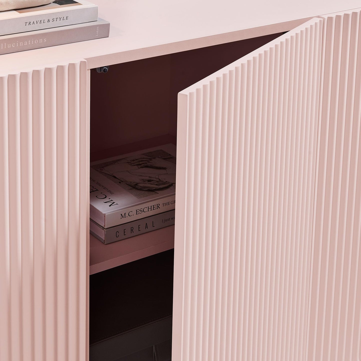 Modway Dahlia 55-Inch Fluted Sideboard Cabinet in Soft Pink — Accent Storage Cabinet with Adjustable Shelves — 3-Door Scalloped Sideboard for Living Room, Entryway, or Dining Room