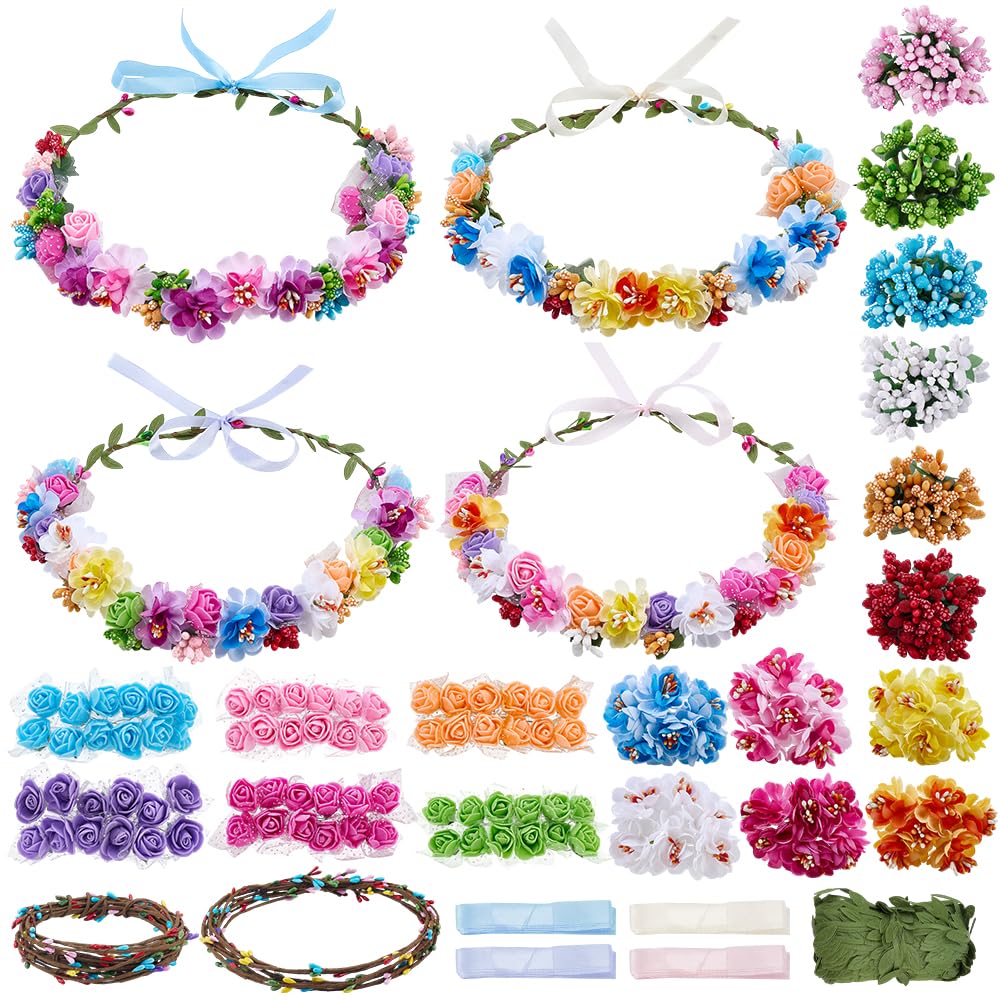 INFUNLY 30Set DIY Flower Crowns Making Kit Rose Wedding Wreath with Instruction Berry Plum Blossom Hanging Floral Garland Kits Make Your Own Flower Headbands Bracelets Kit for Women Wedding Gift Decor