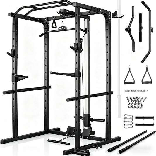 JEEKEE Power Rack with LAT Pulldown, 2000LBS Power Cage with Cable System, Multi-Function Squat Rack with J-Hooks, Safety Bars, Landmine, Pull Up Bar & Attachments for Home Gym Strength Training,Black