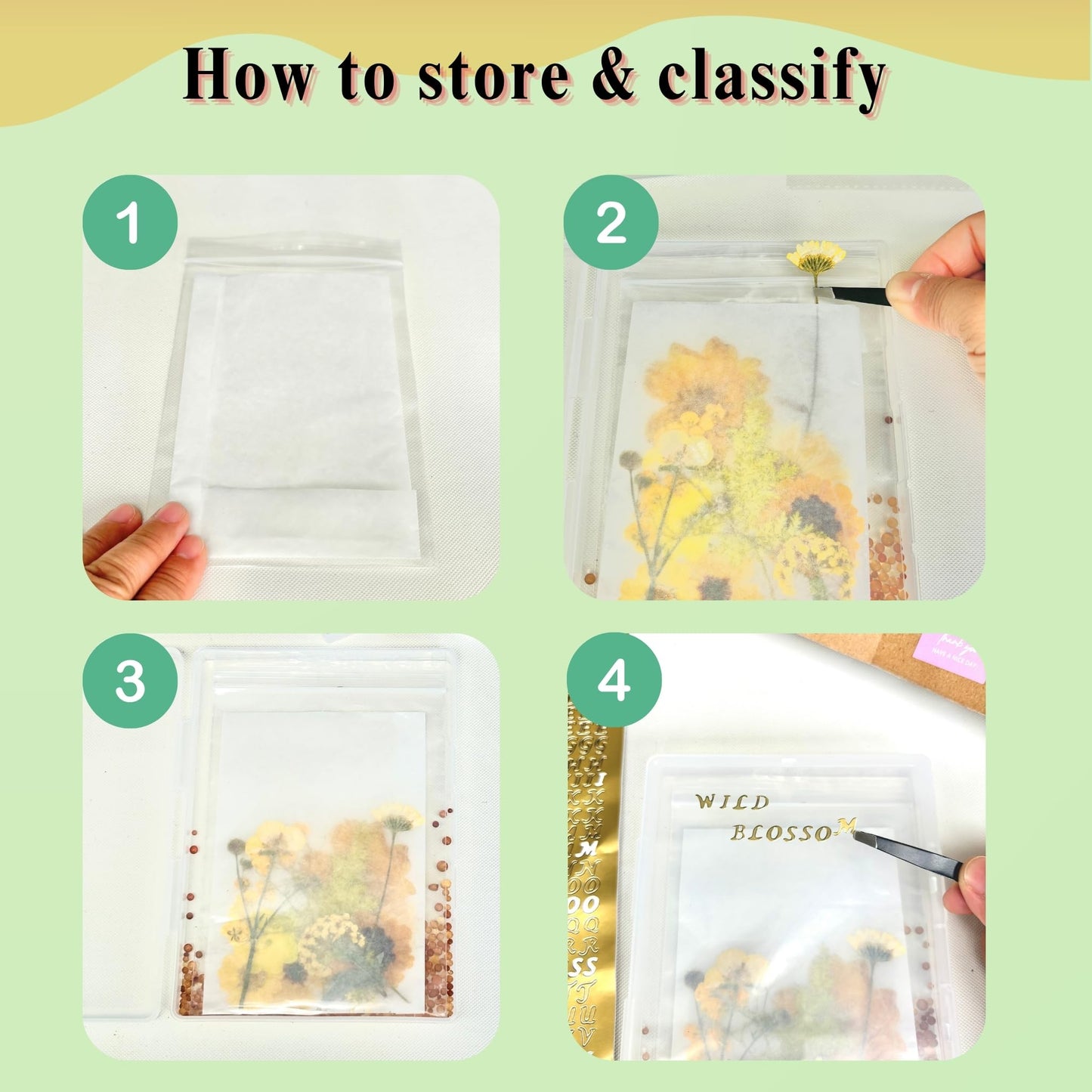 4PCS Dried Flower Storage Organizer Kit with DIY Keychain Resin Molds - Flower Preservation Kit with Blotting Paper, Ziplock Bag and Desiccant for Keep Seasonal Blooms & Wildflowers (6.1x4.4 inch)