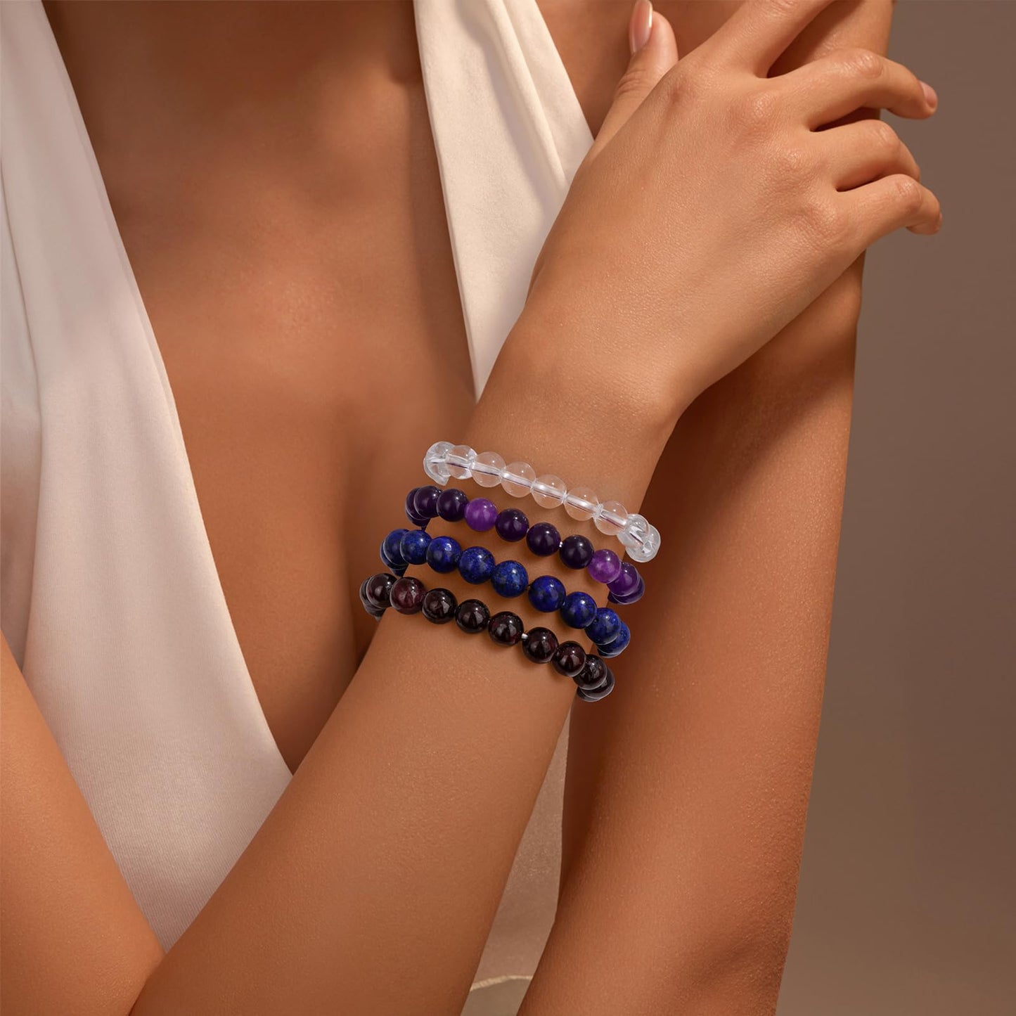 Vinswet Healing Crystal Bracelets for Women Men 8mm Amethyst Natural Stone Beaded Stretch Bracelet Handmade Gemstone Reiki Spiritual Jewelry Gifts