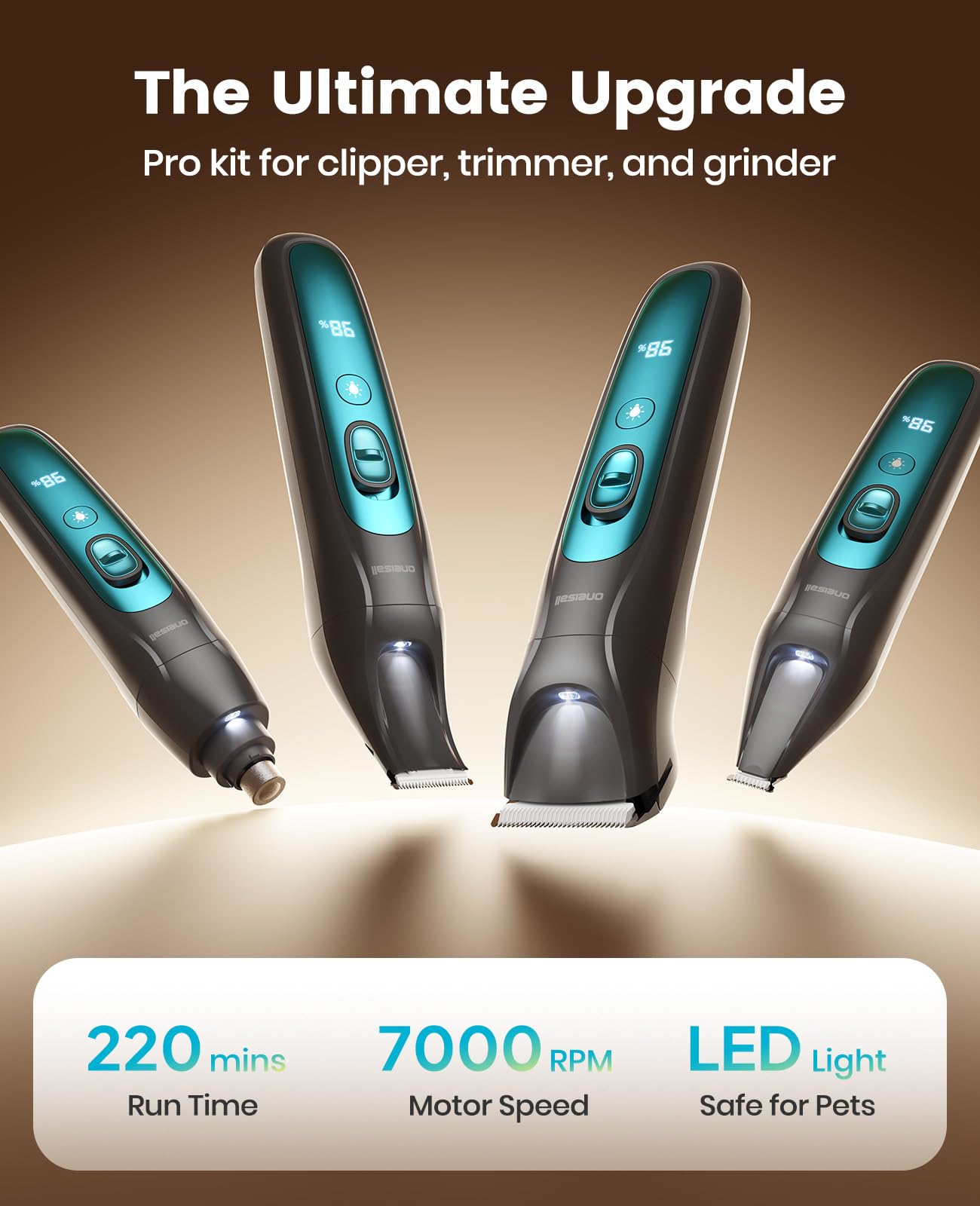 oneisall Professional Dog Grooming Kit at Home: All-in-One Quiet Clippers & Nail Grinder with LED Light, 2000mAh Cordless Dog Shaver, Safe Poodle Grooming Kit for Paws, Face, Ears & Body