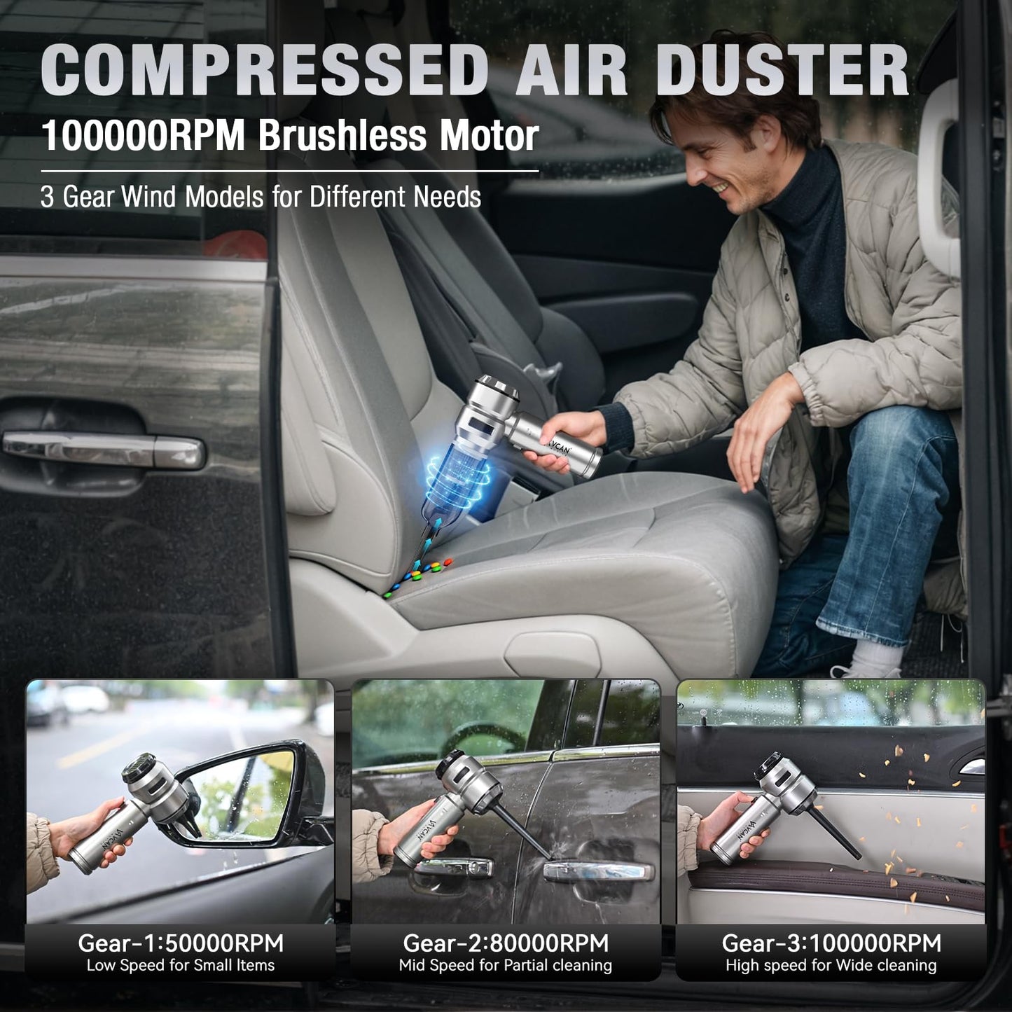 VCAN ACTIVE Car Vacuum Portable Cordless 22000PA High Power with Brushless Motor 4-in-1 Compressed Air Duster & Air Blower & Pump Hand Held Vacuum for Car, Home, Office, Ideal Gifts for Men & Women