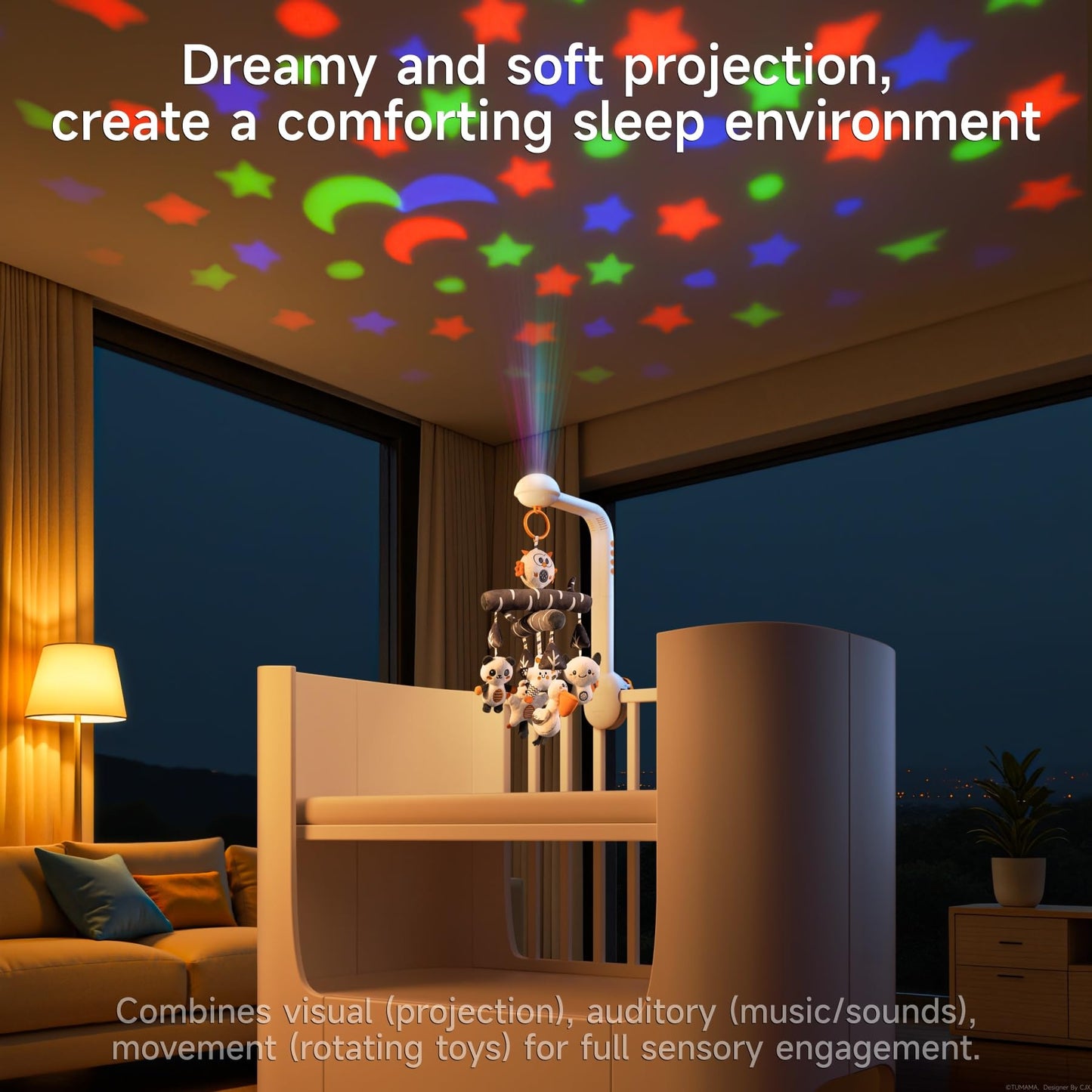 TUMAMA Baby Crib Mobile, High Contrast Baby Crib Toy with Projection Night Light, Music and White Noise, Soft Plush Animal Black and White Hanging Toy for Infant 0 3 6 9 Months Newborn Gift