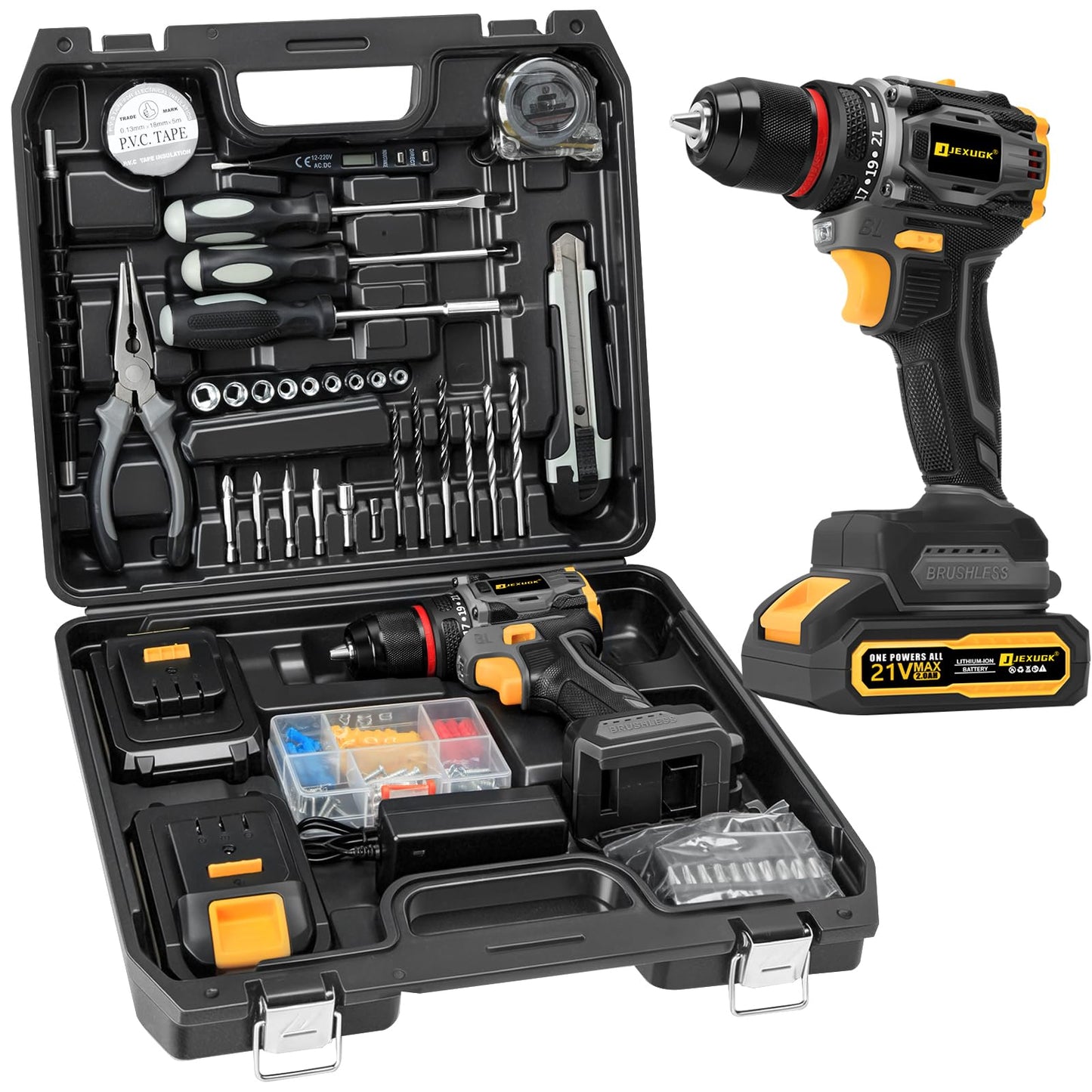 JEXUGK 60Nm Cordless Drill Tool Set, 21V Brushless Drills Kit with 2 x 2.0Ah Battery, Portable Household Basic Driver Case for Men & Women, Lady's Taladro Inalámbrico Toolbox for Home Hand Repair DIY