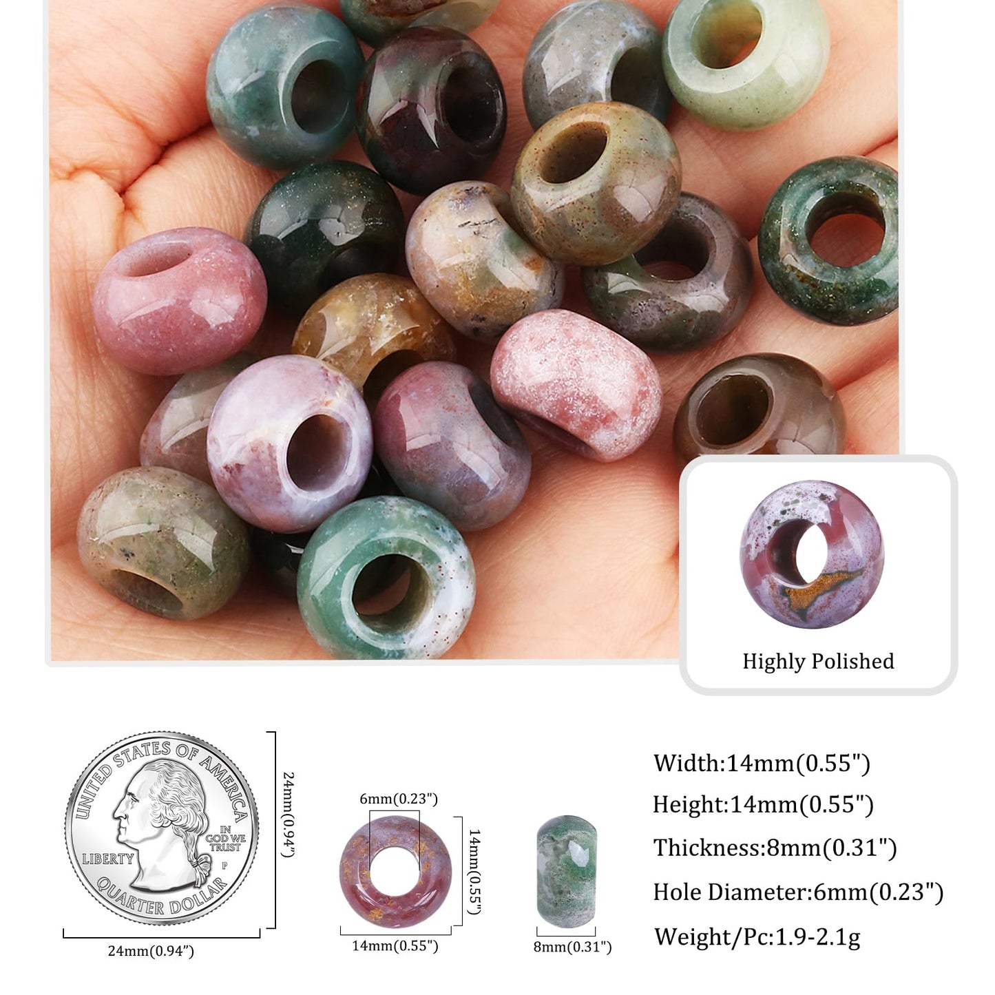 SUNYIK Indian Agate Large Hole (6mm) Rondelle Loose Charms European Bead fits Bracelet,Jewelry Makings Pack of 20