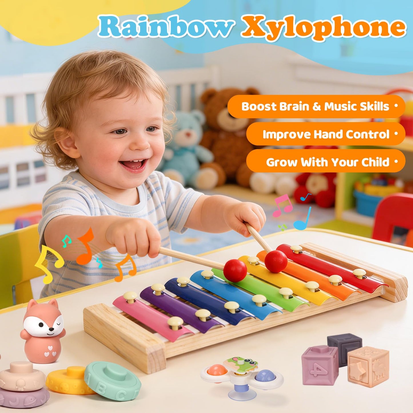 VuvuVoda Montessori Baby Toys for Toddlers 1-3, 7-in-1 Educational Activity Toy Set with Soft Cloth Book, Stacking Blocks & Learning Toys, Birthday Gifts for Boys Girls