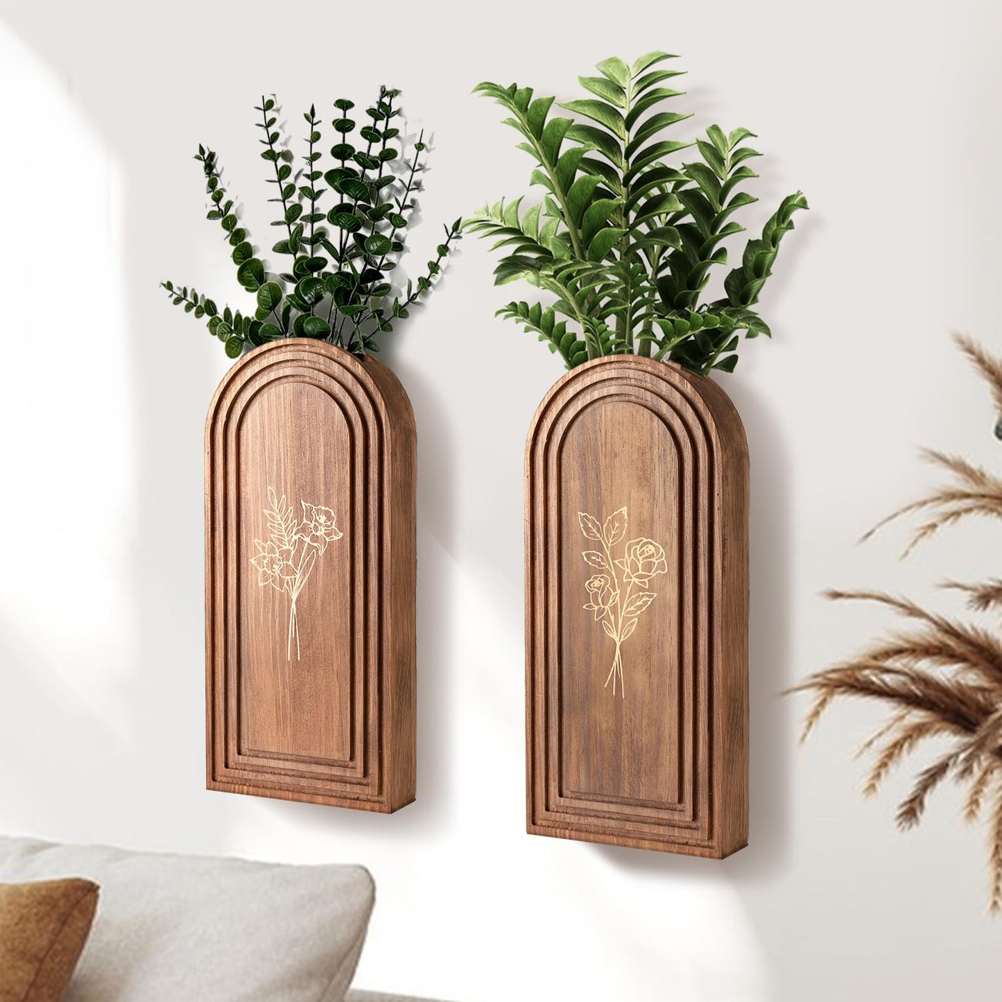 Rustic Wood Wall Planter - Decorative Hanging Vase for Dried Flowers & Artificial Plants, Farmhouse Wall Art Decor for Living Room & Entryway, Set of 2 Faux Greenery Holder (Not for Live Plants)
