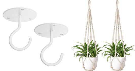Mkono Macrame Plant Hanger Indoor Hanging Planter Basket and Ceiling Hooks, Wood Beads Decorative Flower Pot Holder for Indoor Outdoor Boho Home Decor, Ivory, Set of 2