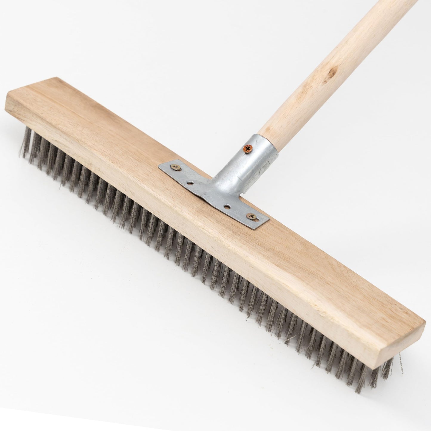 BMart Home Stainless Steel Deck Scrub Brush Broom with Long Handle -Scrubber Brush with Pole, Stiff Metal Bristle Brush for Removing Weed Moss Outdoor Floor Scrub Brush for Patio, Deck, Garden