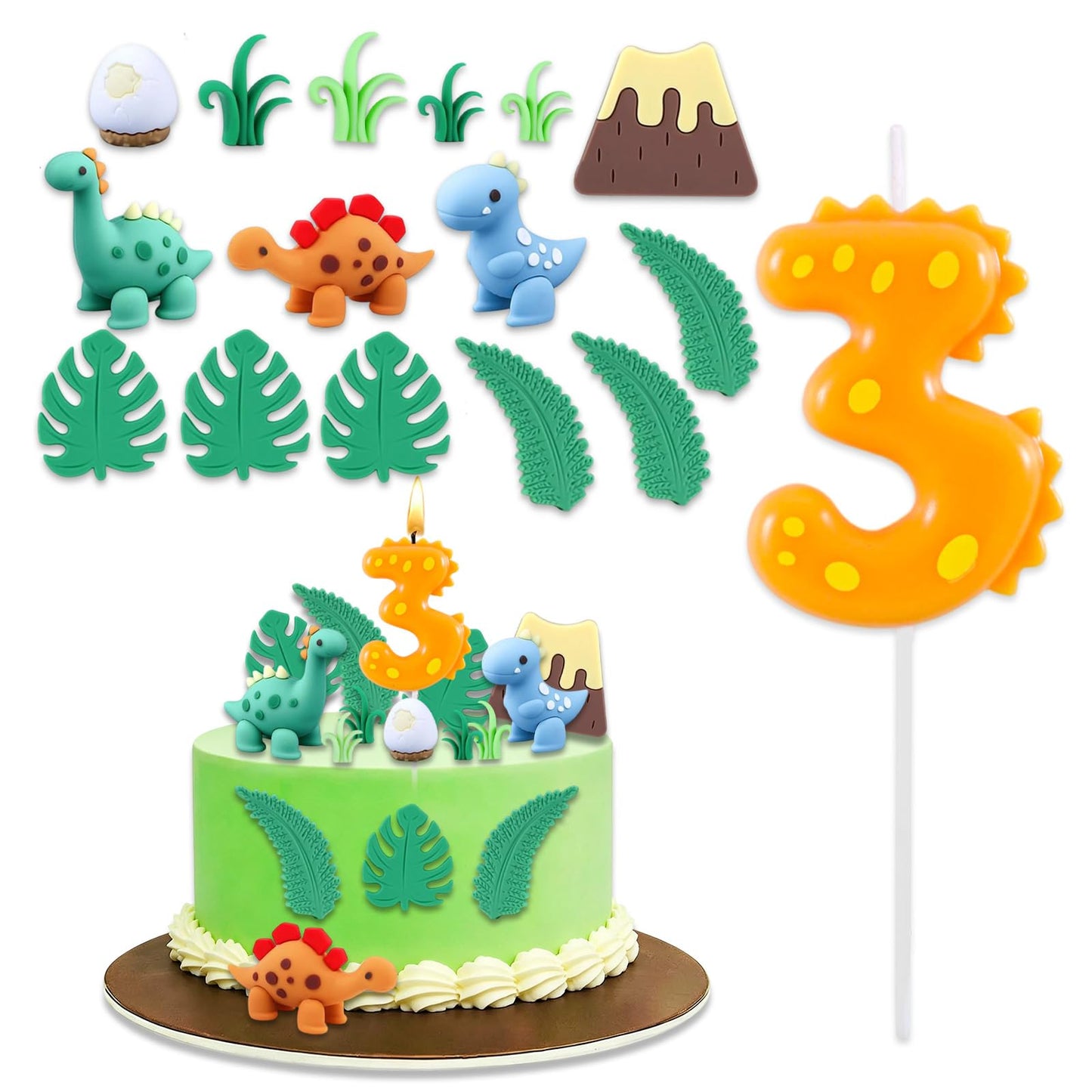Dinosaur 3rd Birthday Cake Decorations - 15Pcs Dinosaur Cake Toppers with Number 3 Candle, Perfect for Boys Kids 3 Year Old Dinosaur Themed Party Supplies