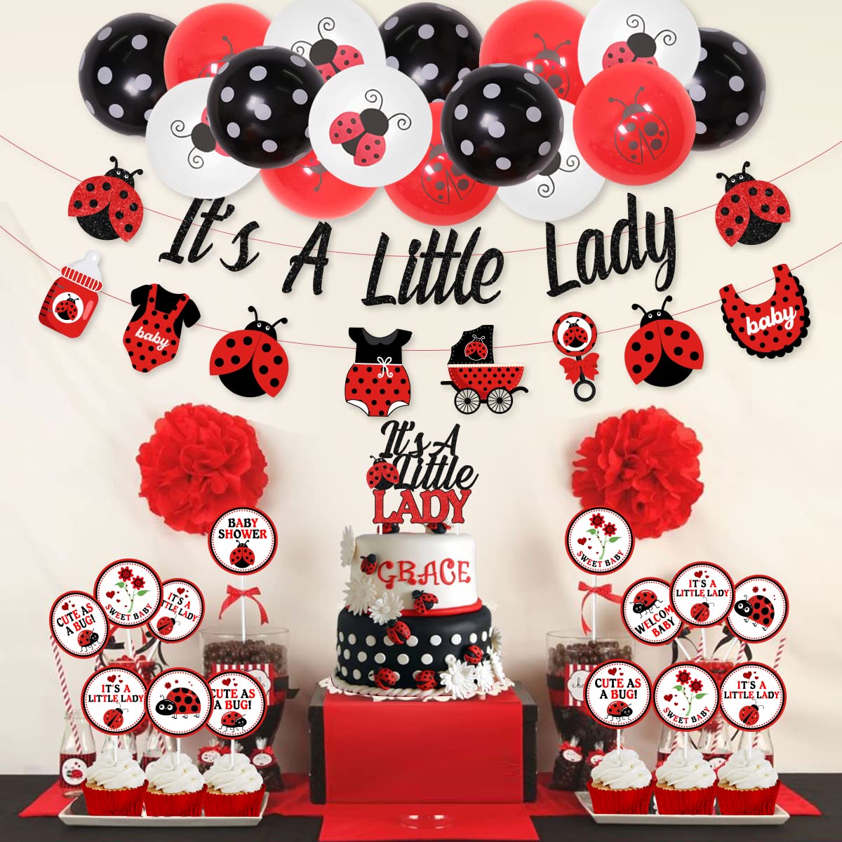 Cheereveal Ladybug Baby Shower Decorations It’s A Little Lady Banner Cake Topper Balloons for Ladybird Birthday Party Supplies
